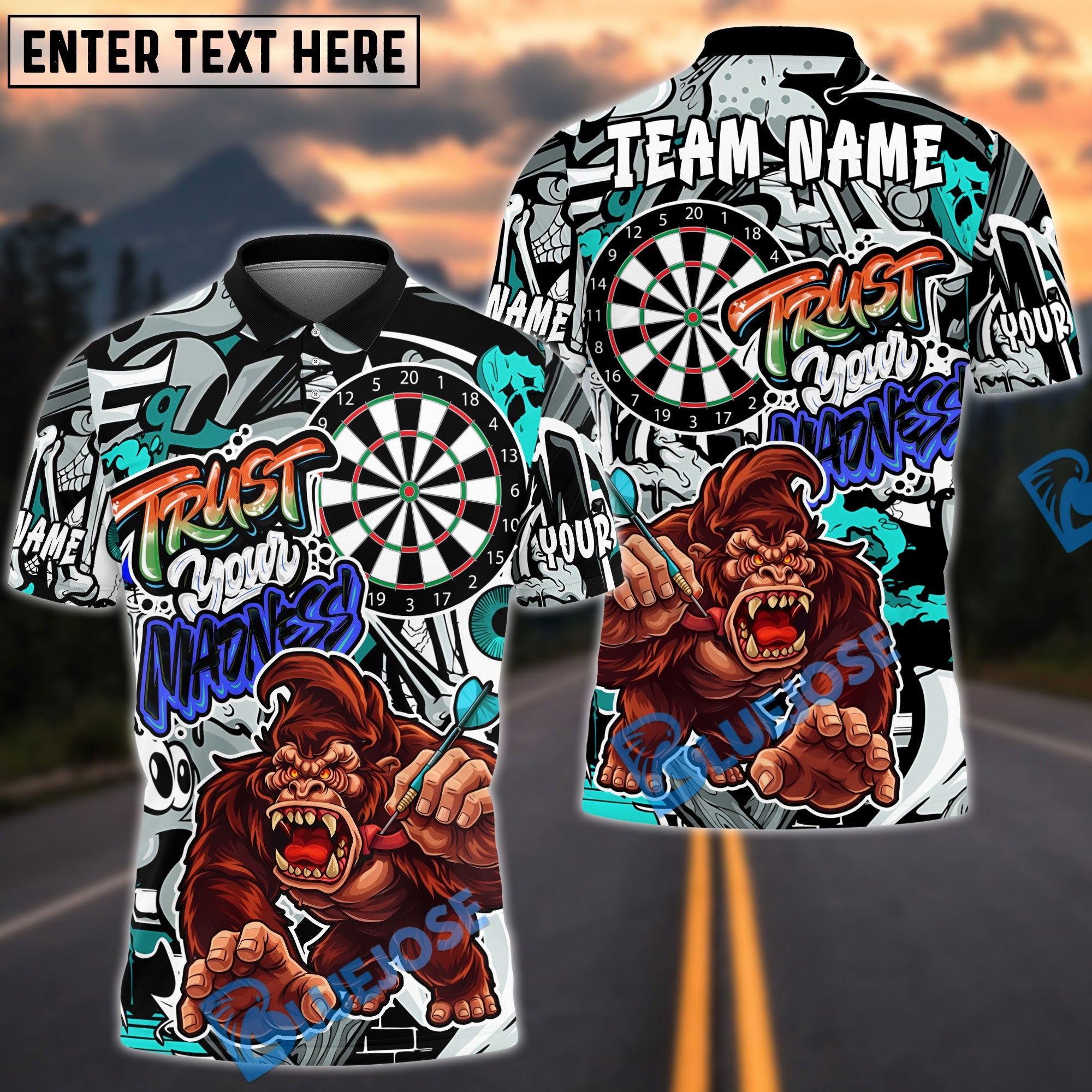 BlueJose Darts Gorilla Power Action Art Trust Your Madness Multicolor Options Personalized Name Shirt (4 Colors)