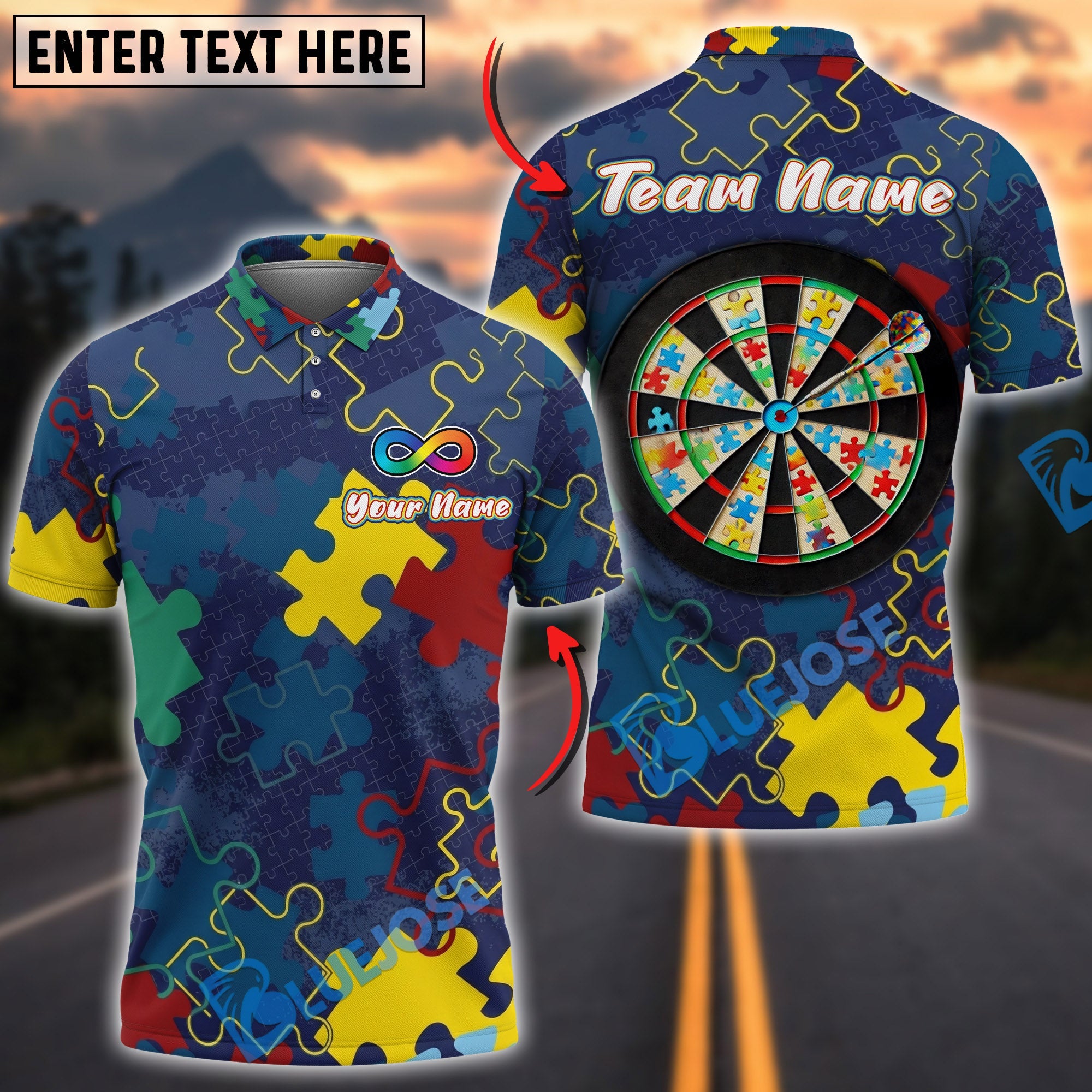 BlueJose Darts Autism Awareness Puzzle Dartboard Personalized Name Shirt