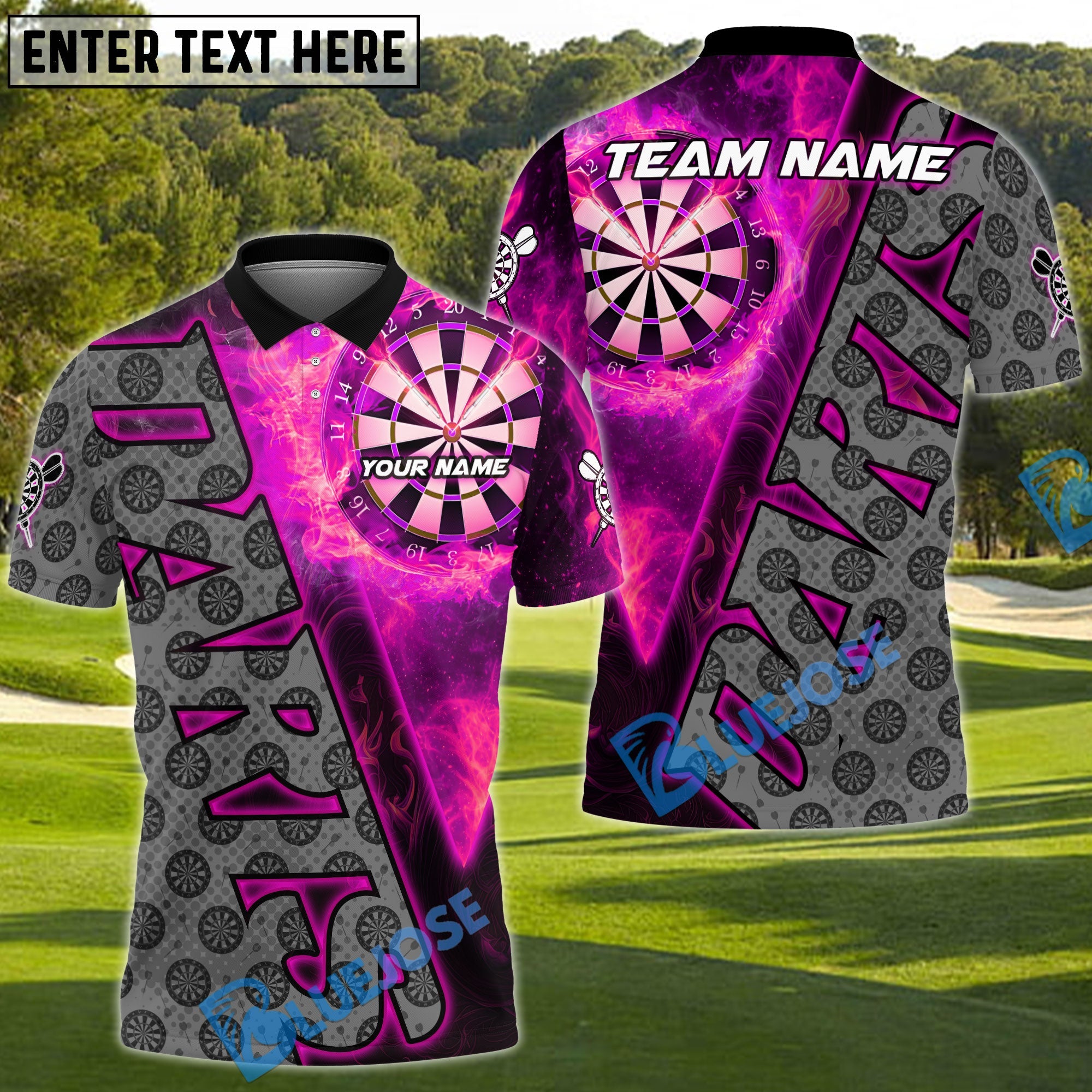 BlueJose Darts Fire Dartboard Flame Graphic Multicolor Options Personalized Name Shirt (6 Colors)