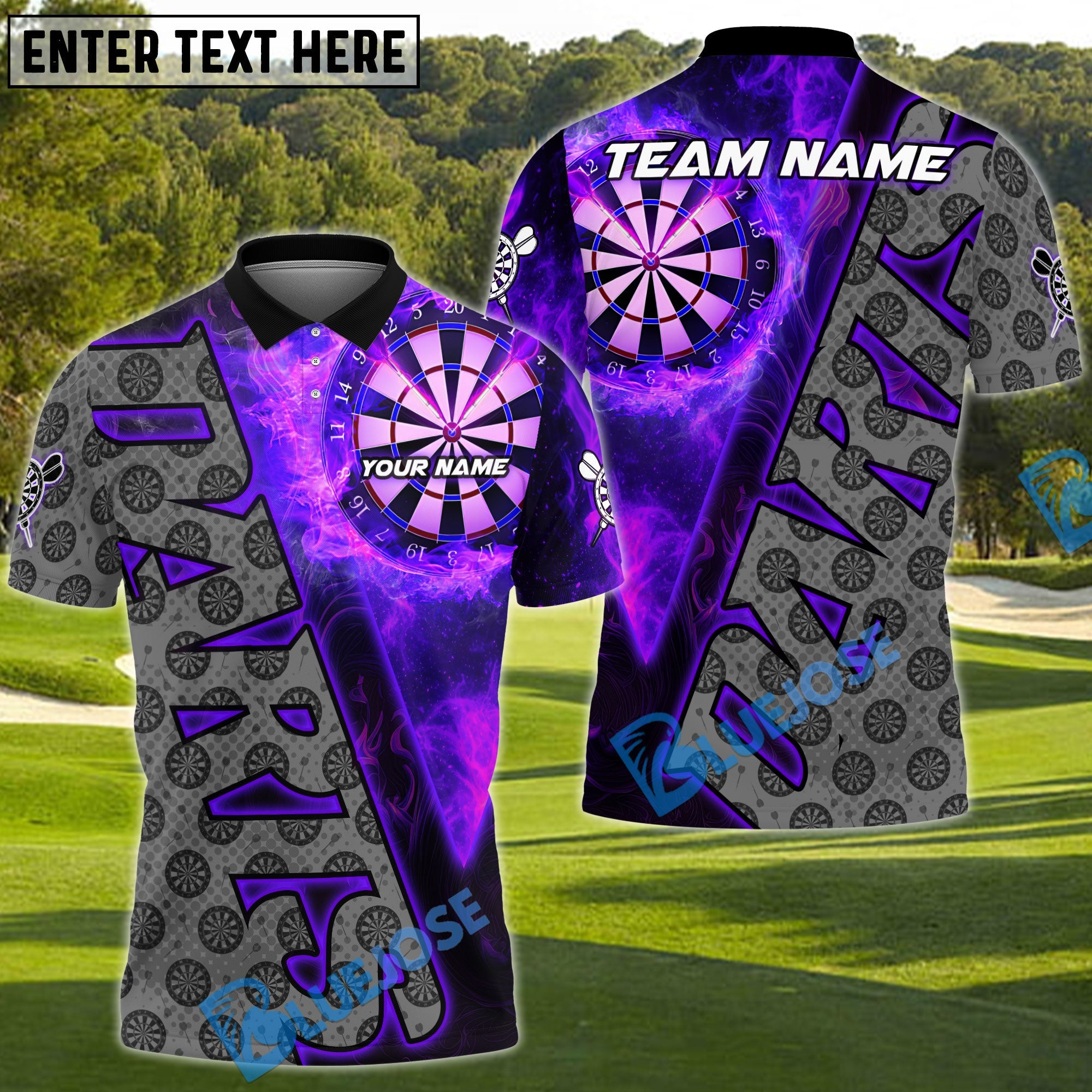 BlueJose Darts Fire Dartboard Flame Graphic Multicolor Options Personalized Name Shirt (6 Colors)