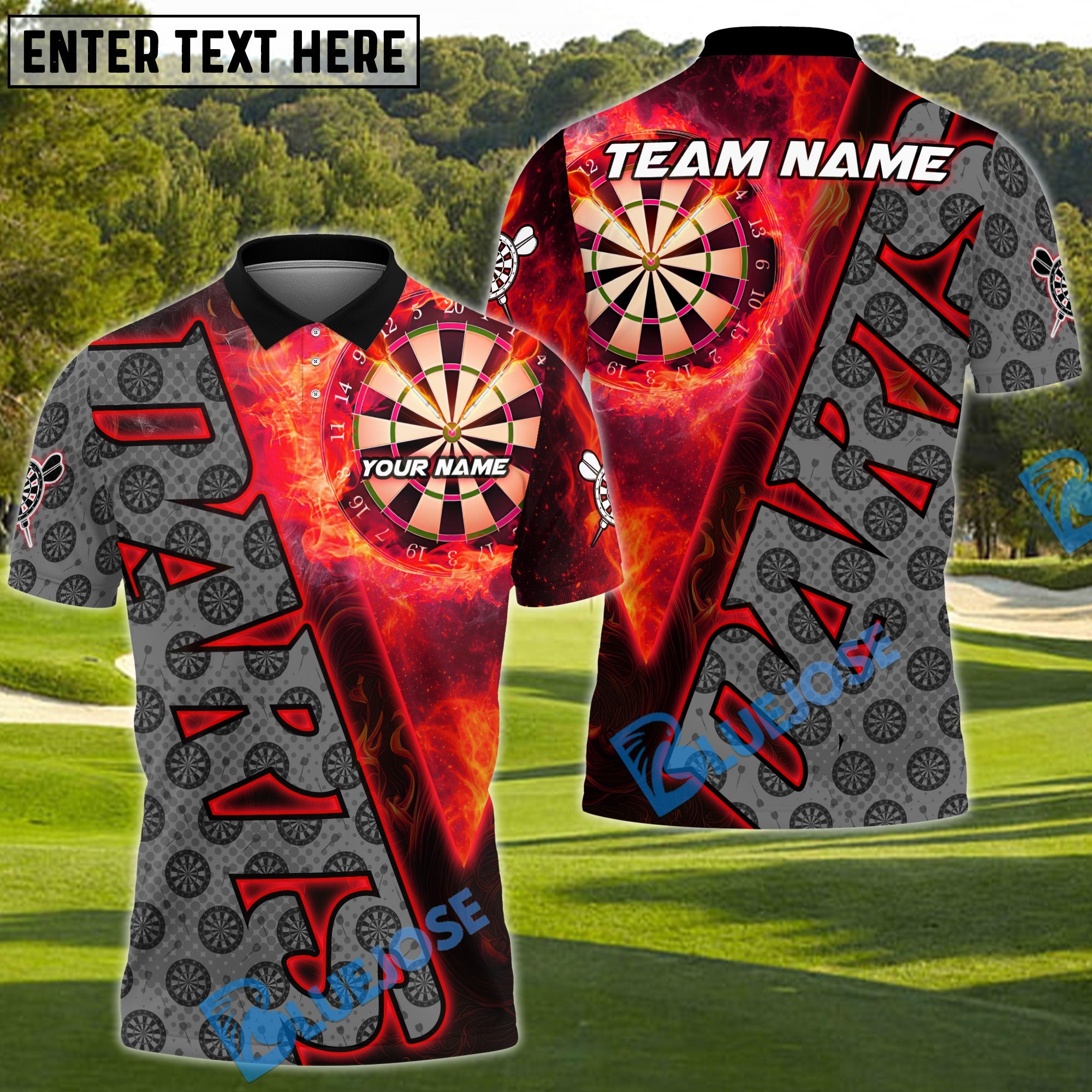 BlueJose Darts Fire Dartboard Flame Graphic Multicolor Options Personalized Name Shirt (6 Colors)
