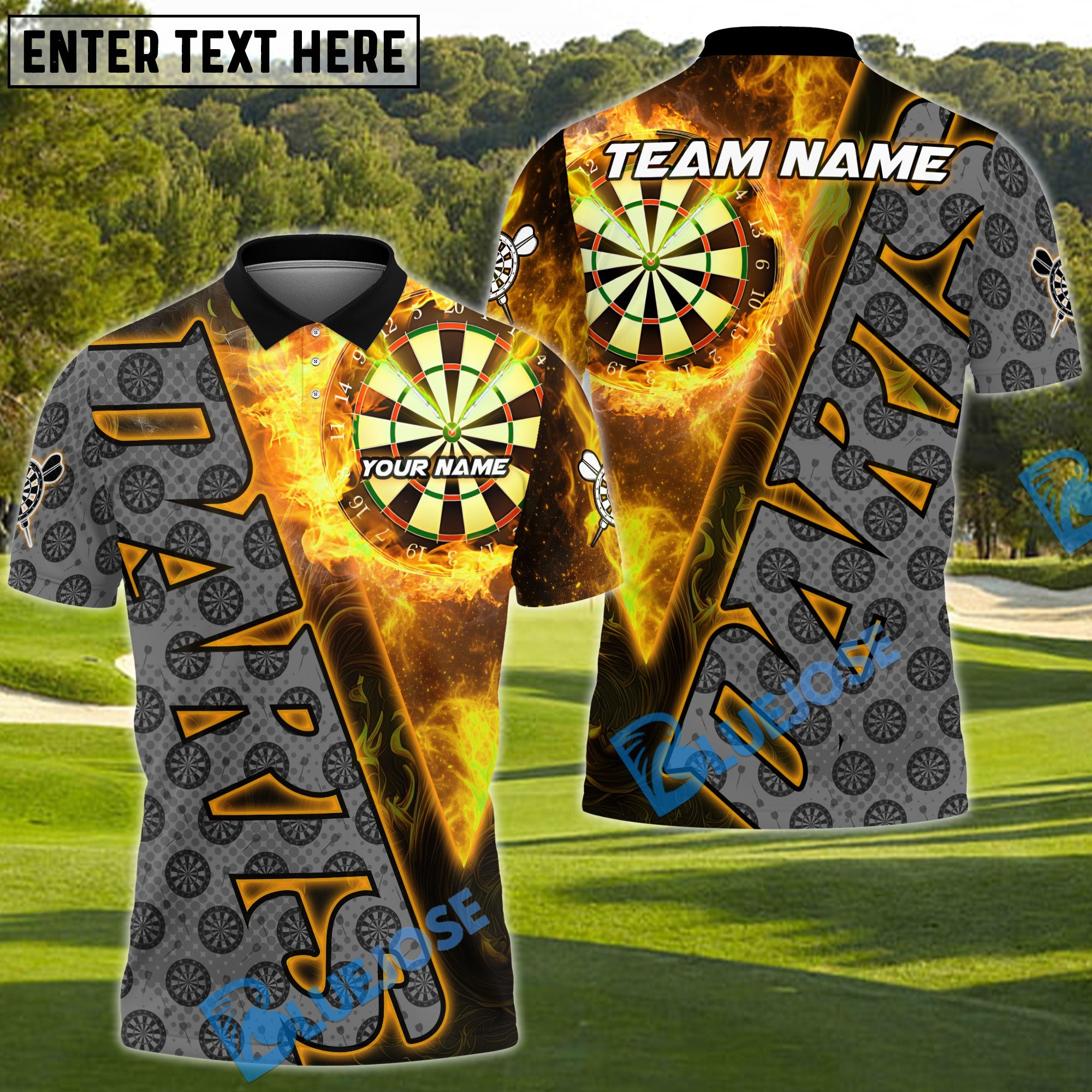 BlueJose Darts Fire Dartboard Flame Graphic Multicolor Options Personalized Name Shirt (6 Colors)