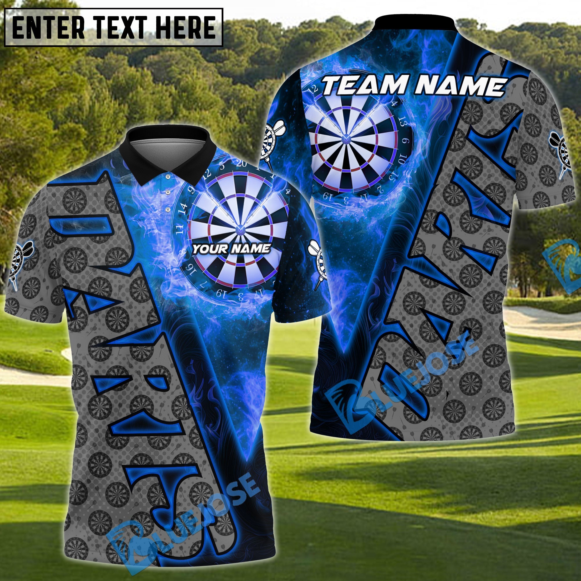 BlueJose Darts Fire Dartboard Flame Graphic Multicolor Options Personalized Name Shirt (6 Colors)
