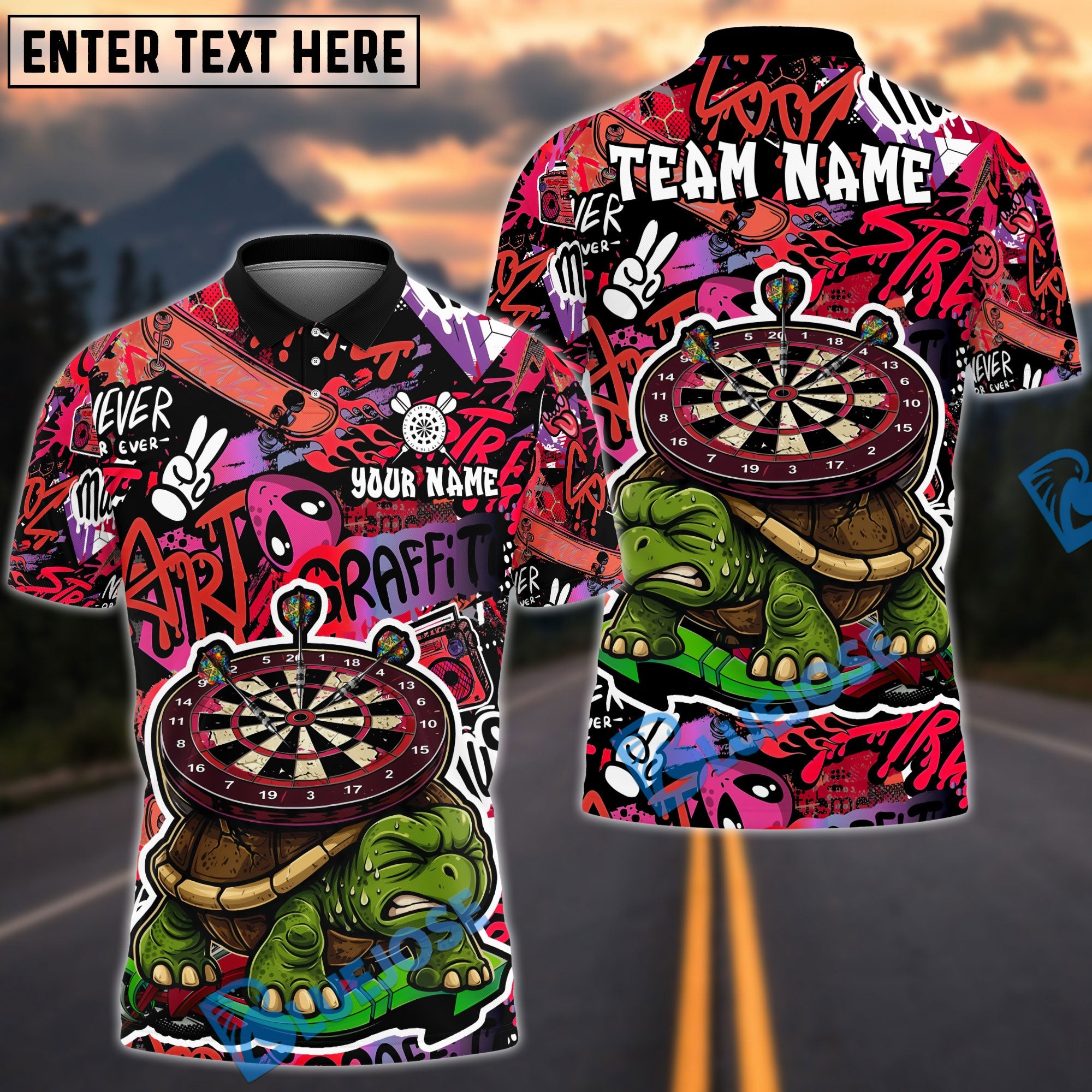 BlueJose Darts Gumpy Turtle Graffiti Personalized Name, Team Name Unisex Shirt (4 Colors)