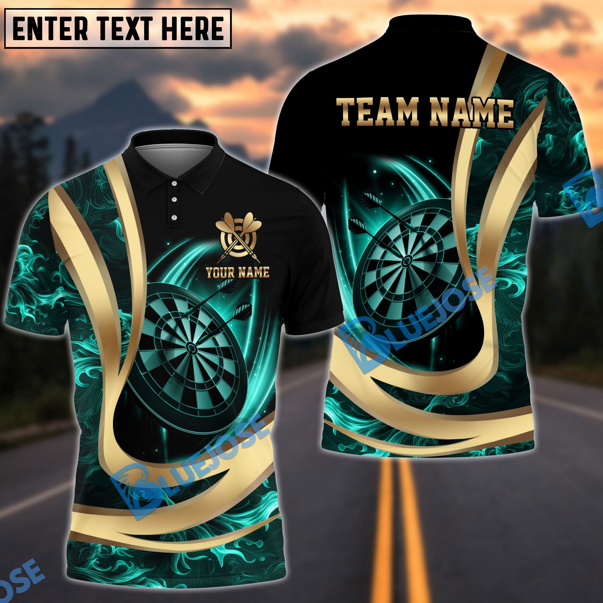 BlueJose Darts Luxury Gold Flame Dartboard Premium Personalized Name, Team Name Unisex Shirt (6 Colors)