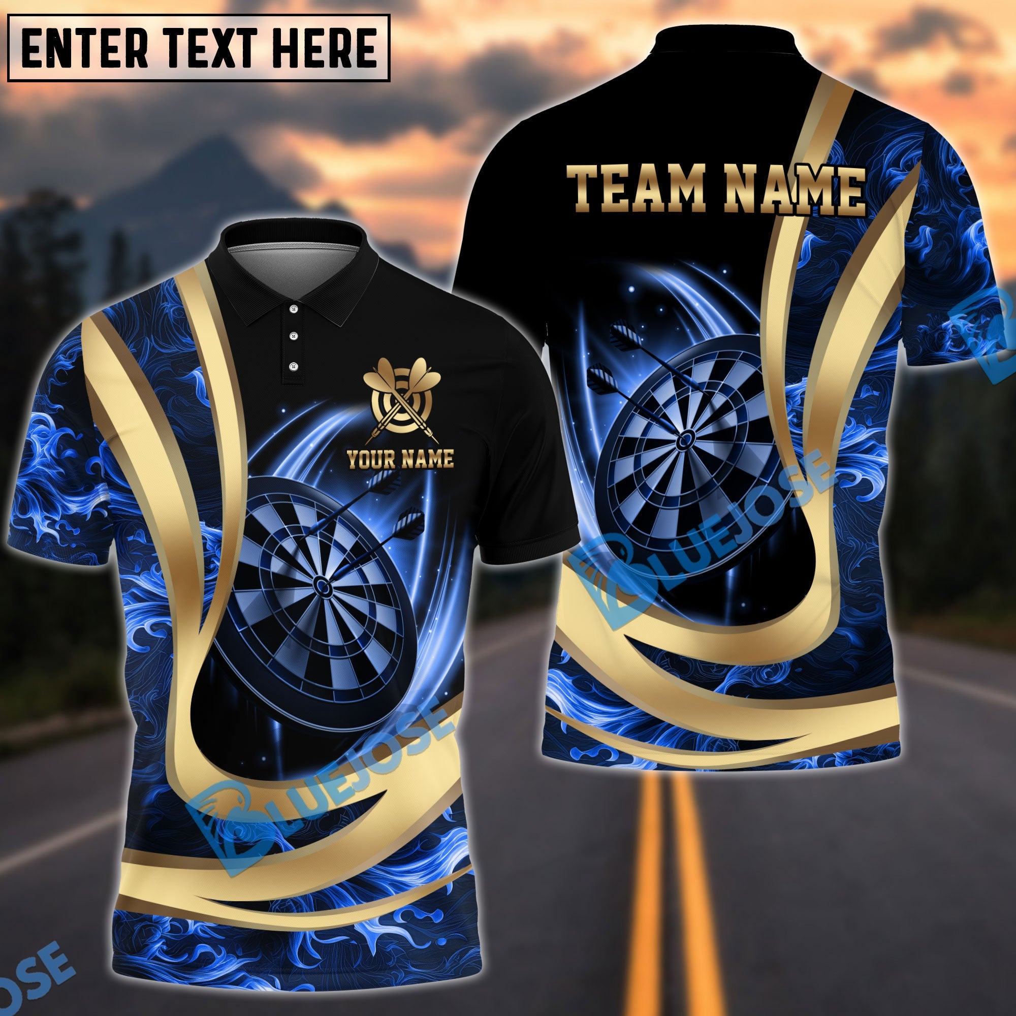 BlueJose Darts Luxury Gold Flame Dartboard Premium Personalized Name, Team Name Unisex Shirt (6 Colors)