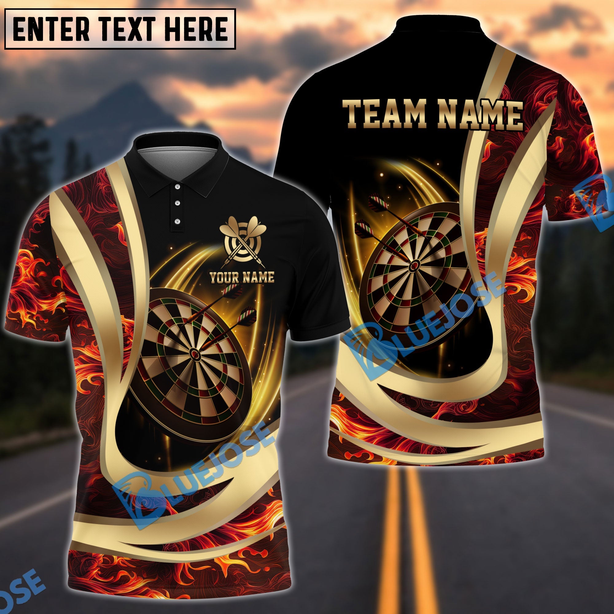 BlueJose Darts Luxury Gold Flame Dartboard Premium Personalized Name, Team Name Unisex Shirt (6 Colors)