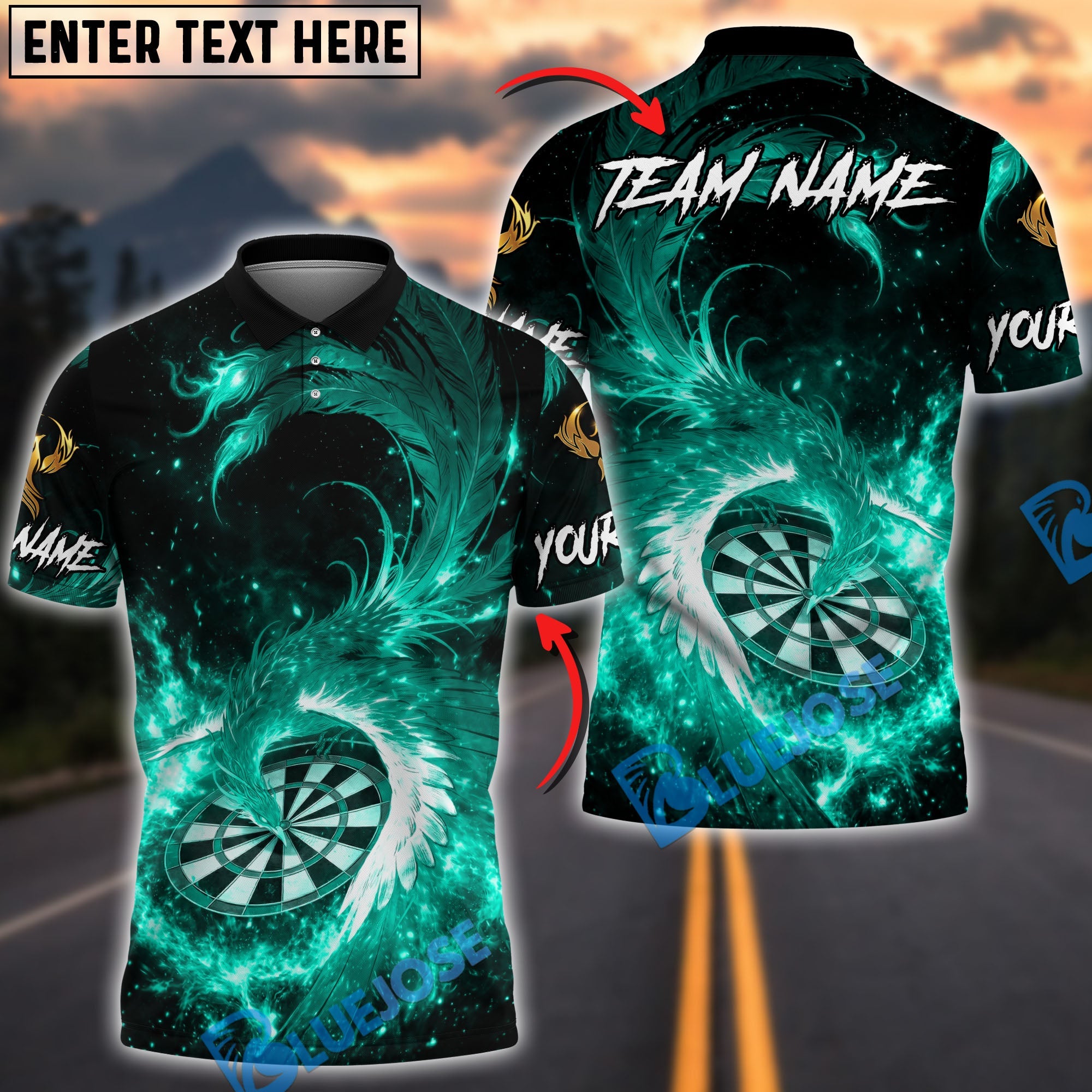 BlueJose Darts Flaming Phoenix Firestorm Personalized Name, Team Name Unisex Shirt (4 Colors)