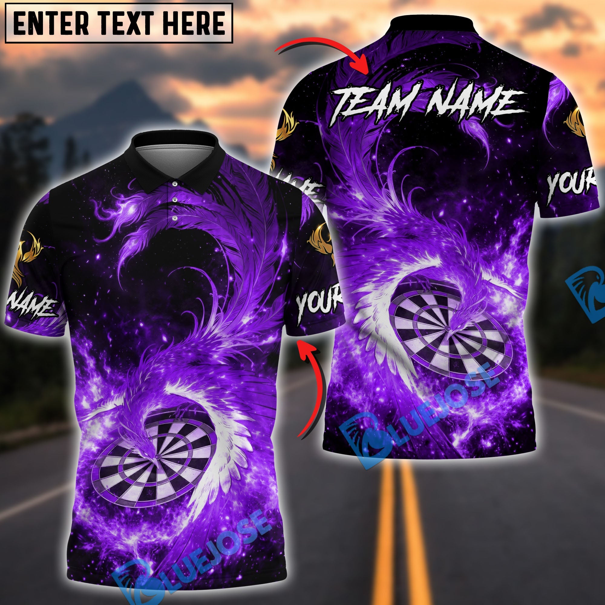 BlueJose Darts Flaming Phoenix Firestorm Personalized Name, Team Name Unisex Shirt (4 Colors)