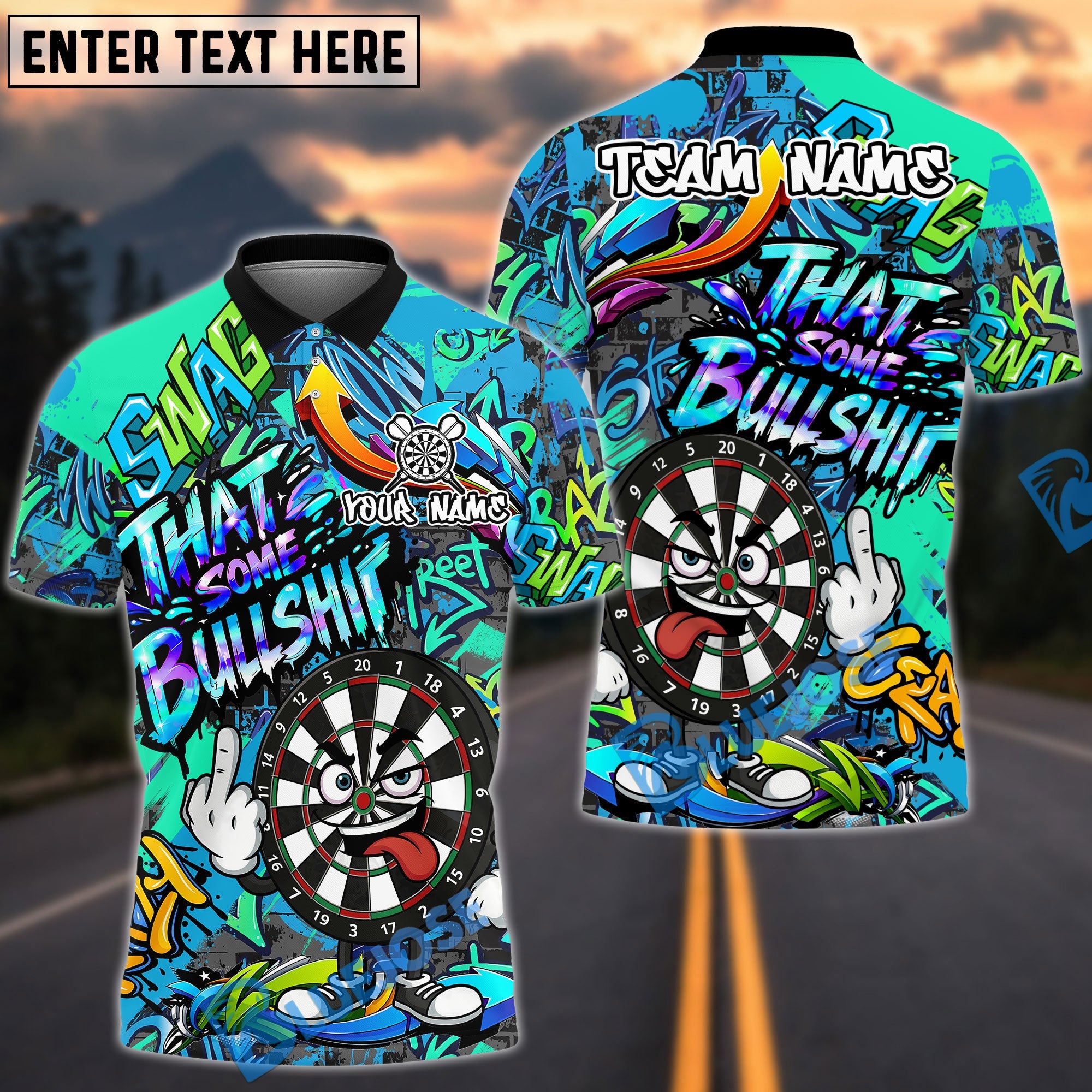 BlueJose Darts Funny Dartboard Cartoon Graffiti Style That's Some Bullshit Personalized Name, Team Name Unisex Shirt (4 Colors)