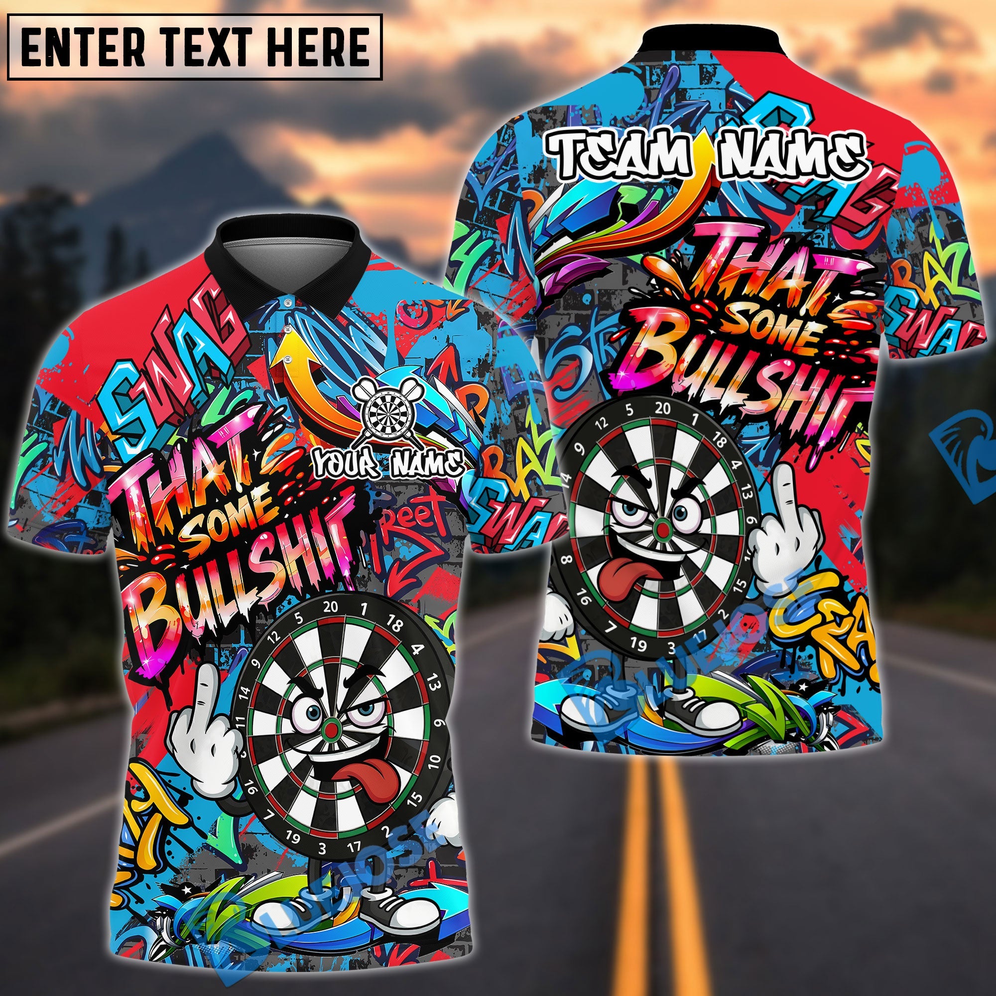 BlueJose Darts Funny Dartboard Cartoon Graffiti Style That's Some Bullshit Personalized Name, Team Name Unisex Shirt (4 Colors)