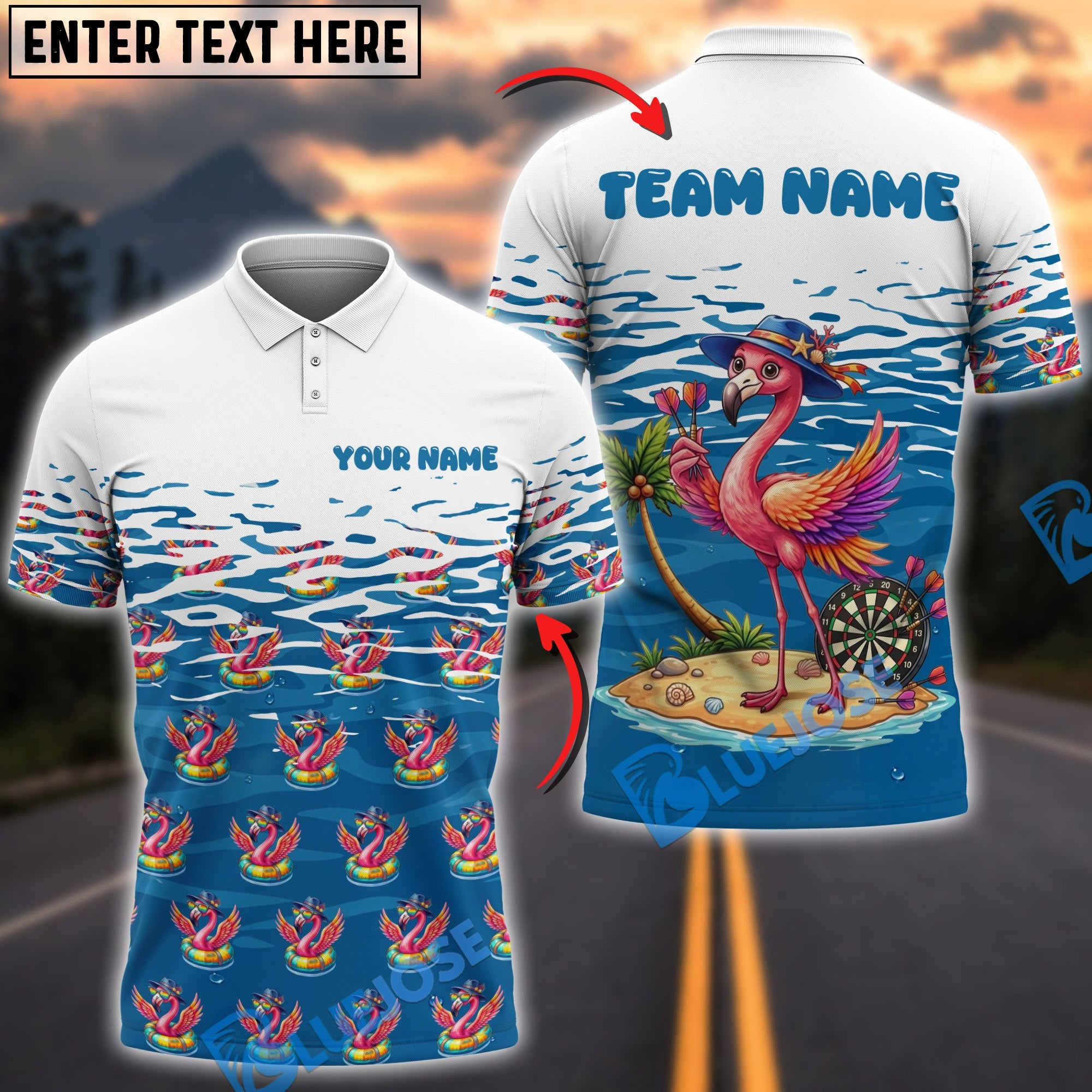 BlueJose Darts Cute Flamingo Summer Vibe Personalized Name Shirt