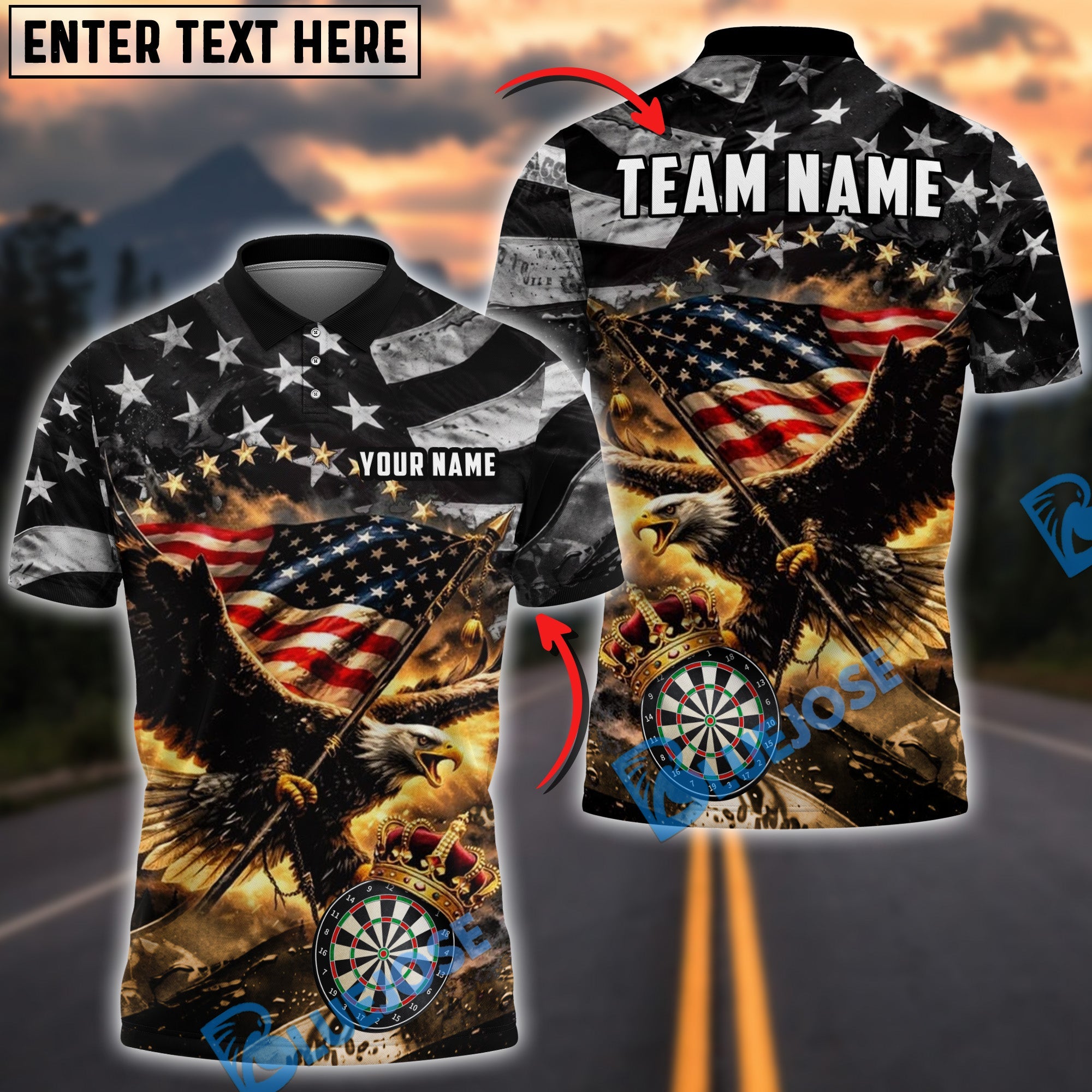 BlueJose Darts Patriotic King American Eagle Personalized Name Shirt