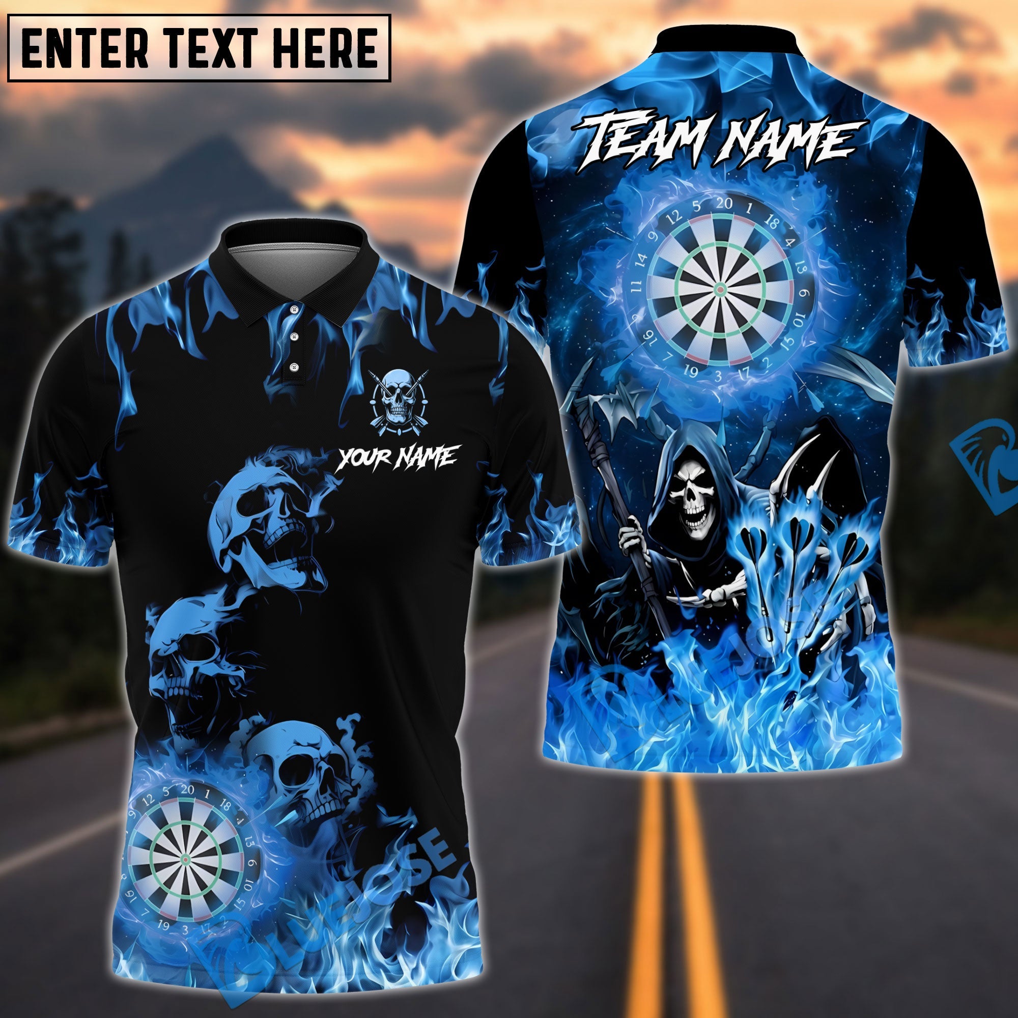 BlueJose Darts Triple Fire Flame Skull With Dartboard Design Personalized Name, Team Name Unisex Shirt (4 Colors)