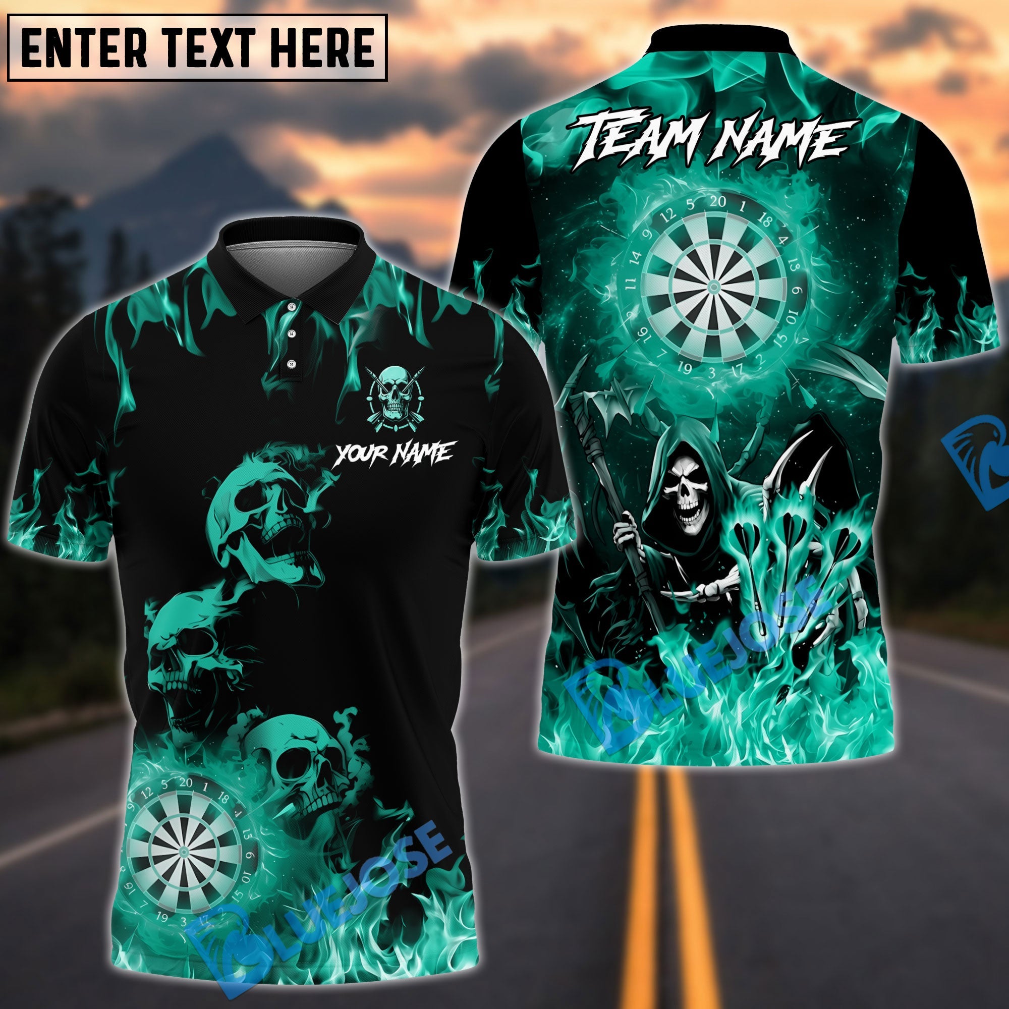 BlueJose Darts Triple Fire Flame Skull With Dartboard Design Personalized Name, Team Name Unisex Shirt (4 Colors)