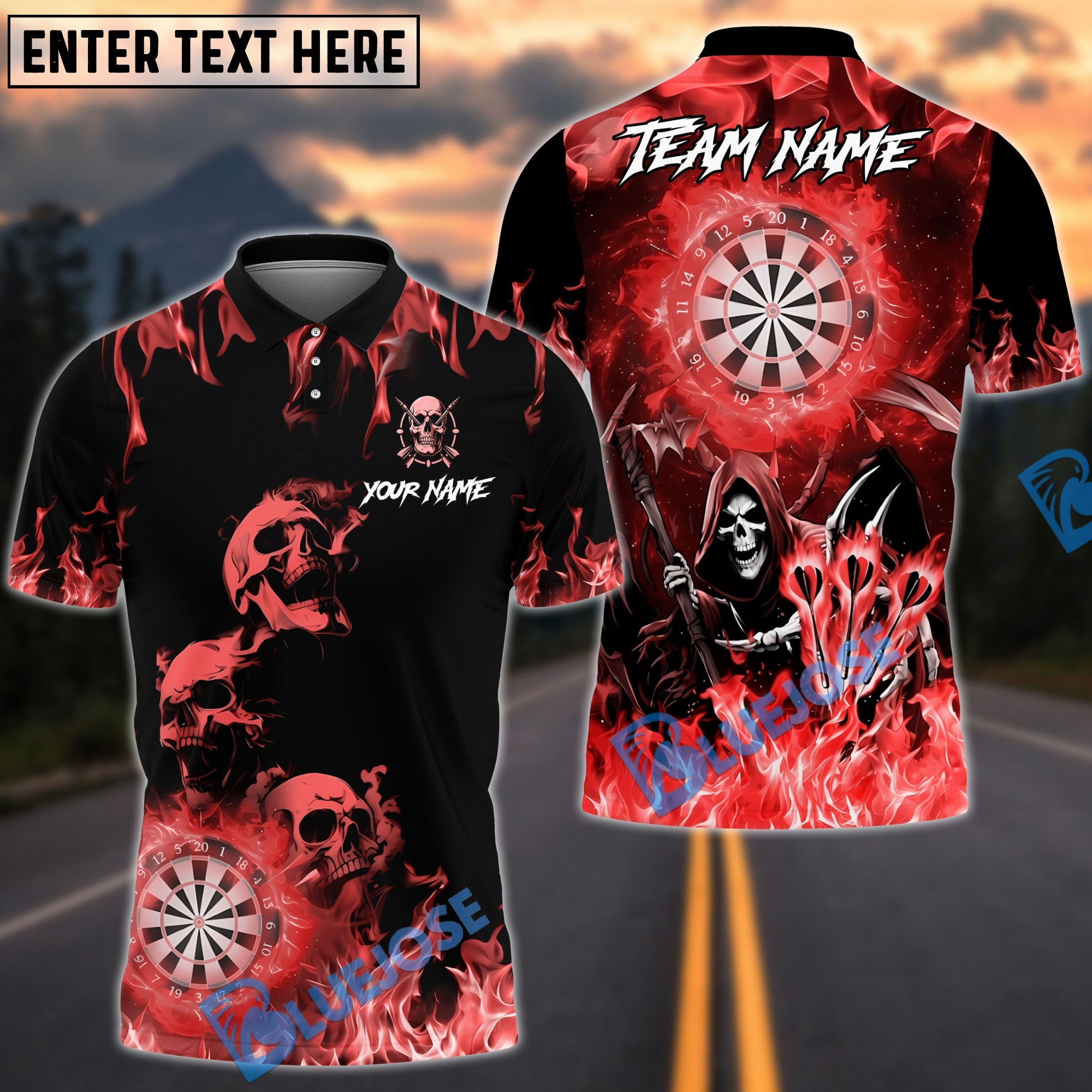 BlueJose Darts Triple Fire Flame Skull With Dartboard Design Personalized Name, Team Name Unisex Shirt (4 Colors)
