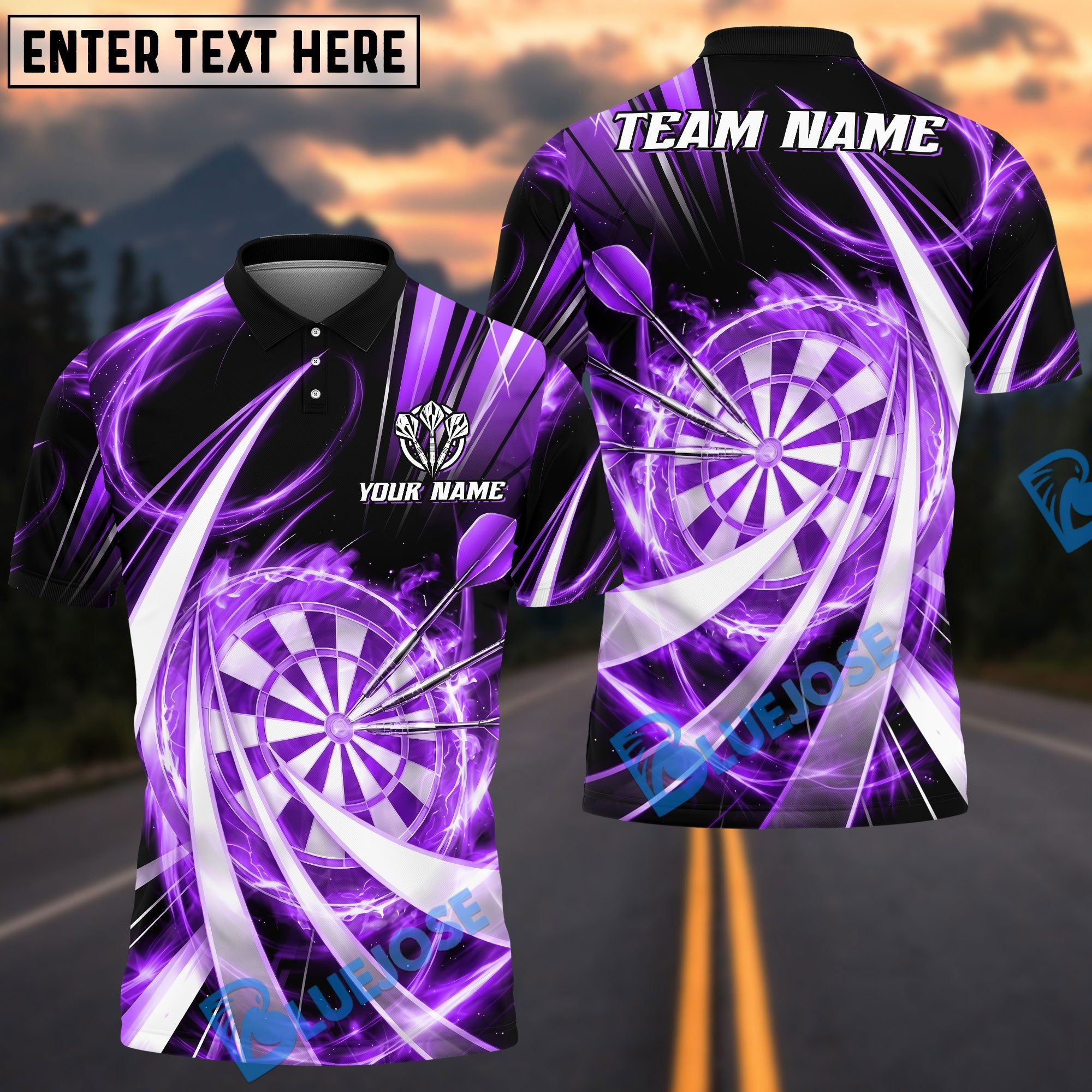 BlueJose Darts Flame Swirl Tornado Design Personalized Name, Team Name Unisex Shirt (4 Colors)