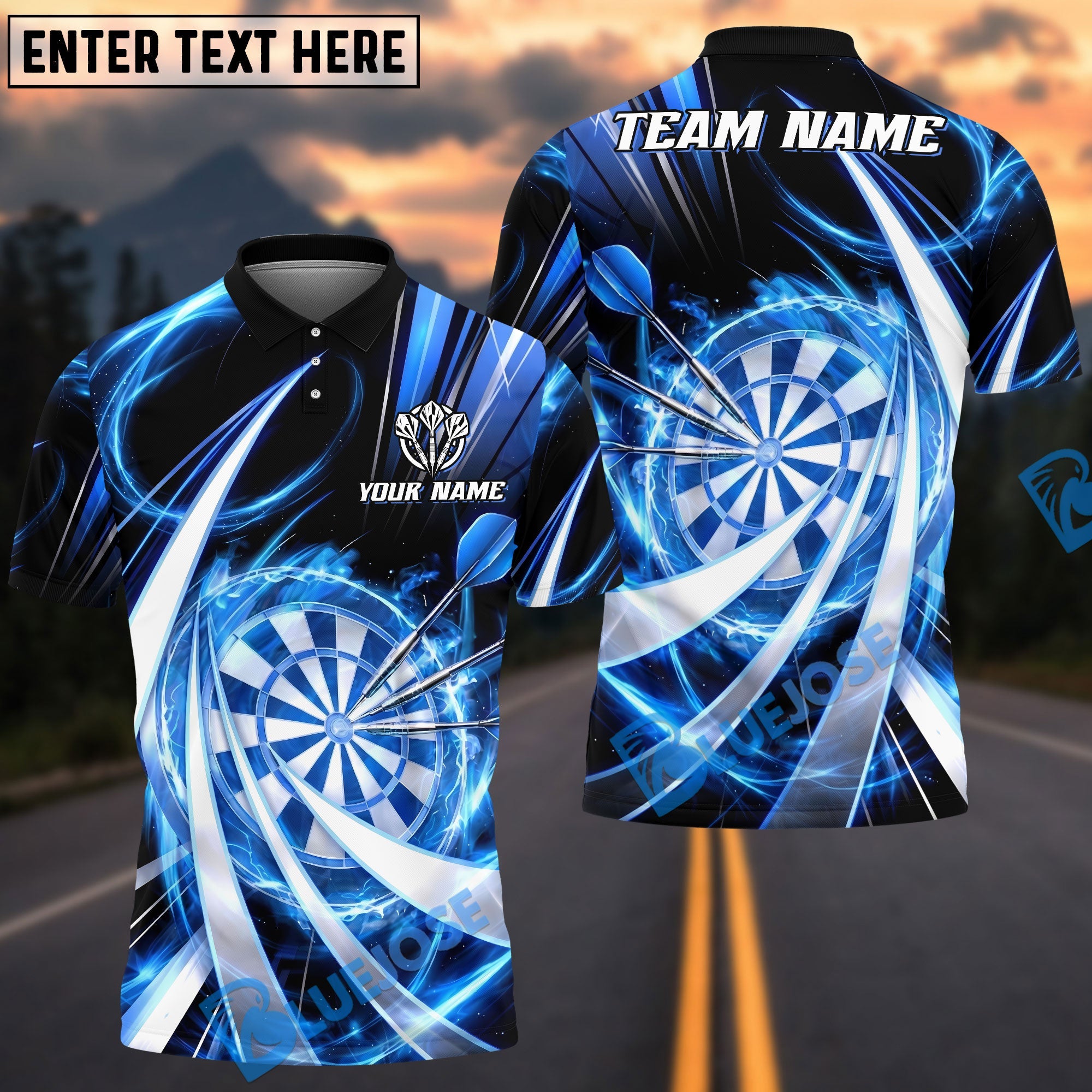 BlueJose Darts Flame Swirl Tornado Design Personalized Name, Team Name Unisex Shirt (4 Colors)