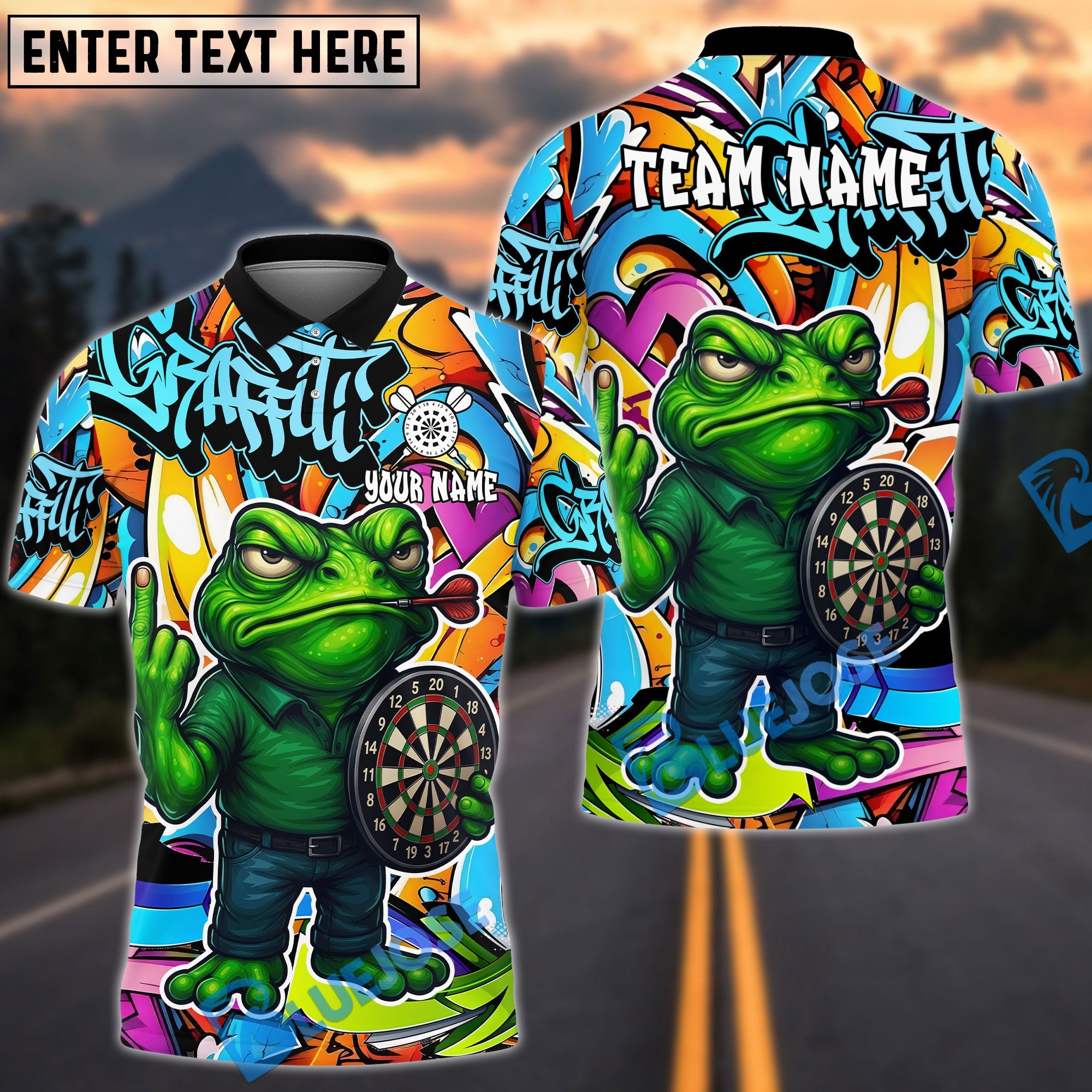 BlueJose Darts Cartoon Offended Frog Dartboard Design Personalized Name, Team Name Unisex Shirt (4 Colors)