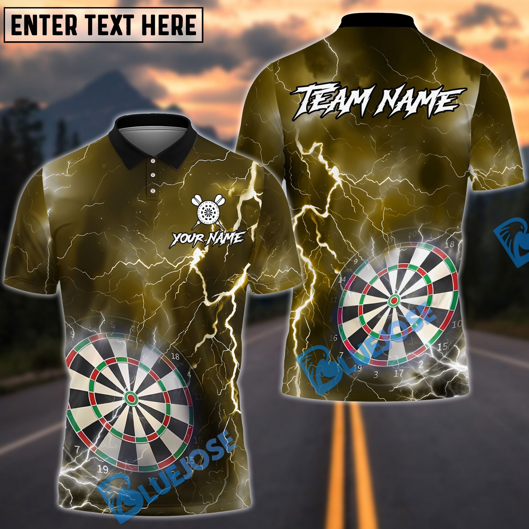 BlueJose Darts Thunder Lightning Dartboard Design Personalized Name, Team Name Unisex Shirt (6 Colors)