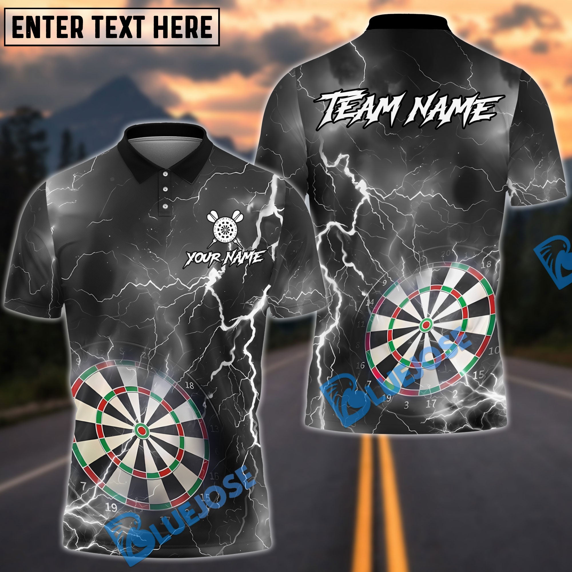 BlueJose Darts Thunder Lightning Dartboard Design Personalized Name, Team Name Unisex Shirt (6 Colors)