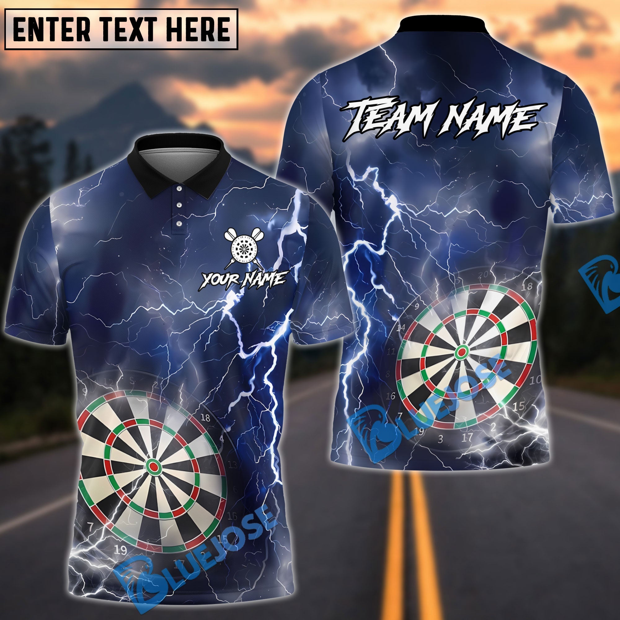 BlueJose Darts Thunder Lightning Dartboard Design Personalized Name, Team Name Unisex Shirt (6 Colors)