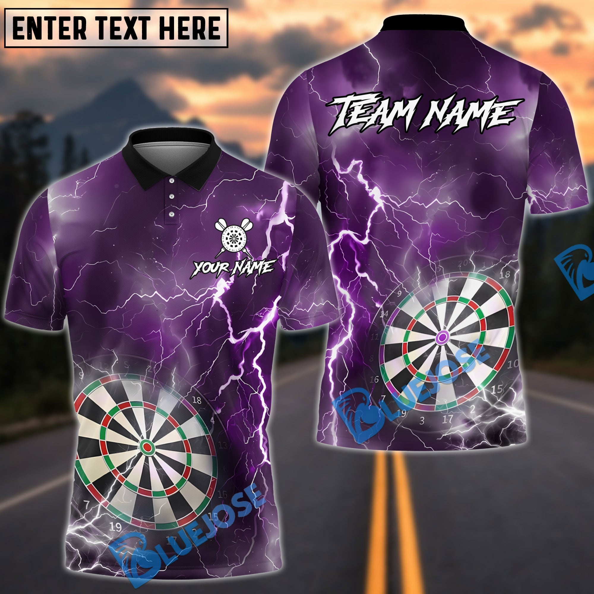 BlueJose Darts Thunder Lightning Dartboard Design Personalized Name, Team Name Unisex Shirt (6 Colors)