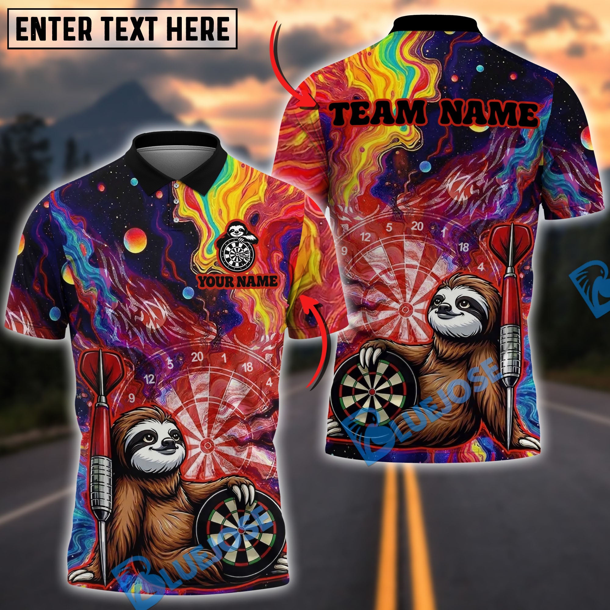 BlueJose Darts Funny Cute Sloths Design Personalized Name, Team Name Unisex Shirt (4 Colors)