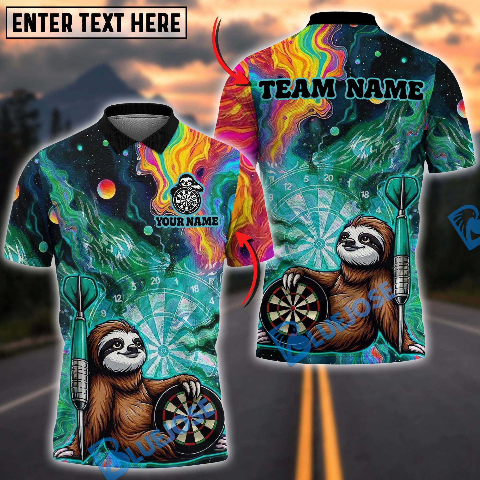 BlueJose Darts Funny Cute Sloths Design Personalized Name, Team Name Unisex Shirt (4 Colors)