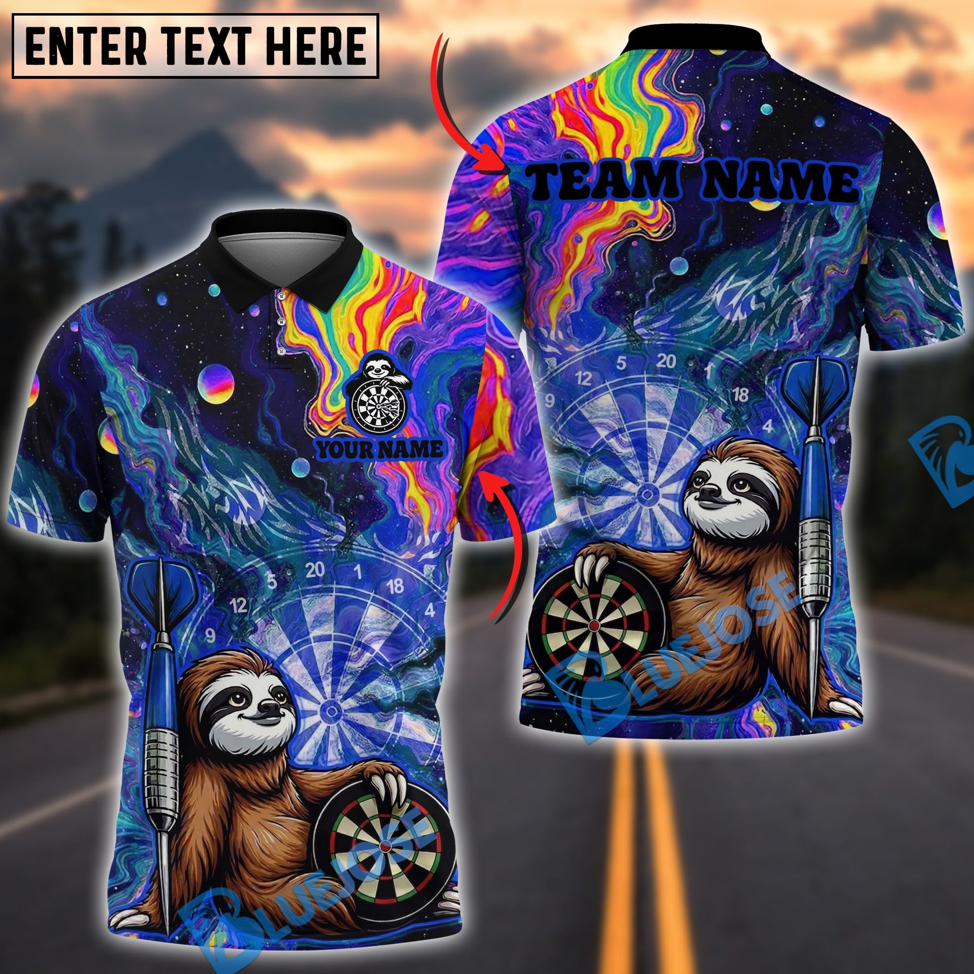 BlueJose Darts Funny Cute Sloths Design Personalized Name, Team Name Unisex Shirt (4 Colors)