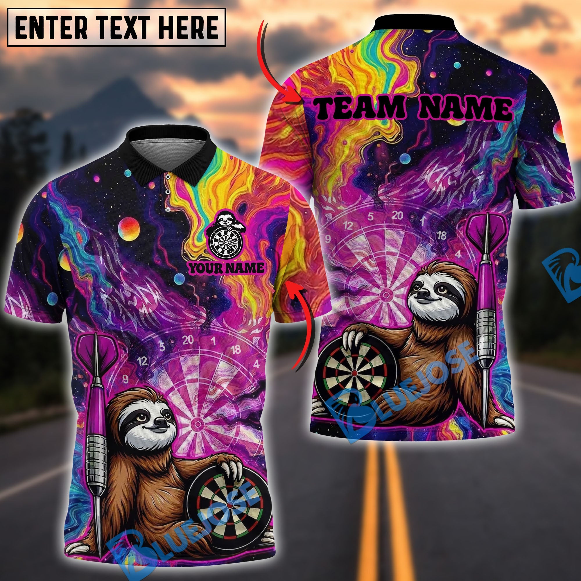 BlueJose Darts Funny Cute Sloths Design Personalized Name, Team Name Unisex Shirt (4 Colors)