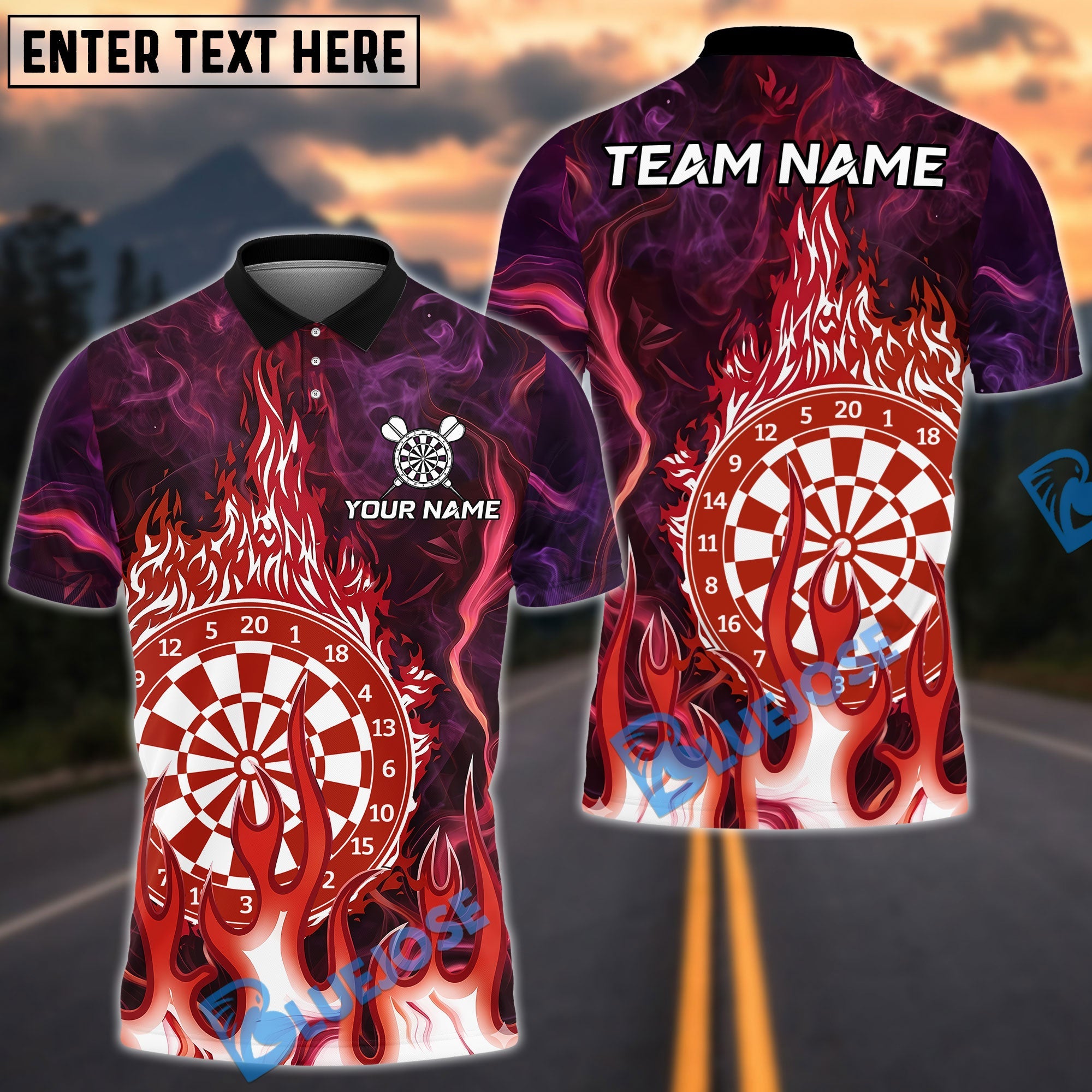 BlueJose Darts Cool Flaming Dartboard Design Personalized Name, Team Name Unisex Shirt (4 Colors)