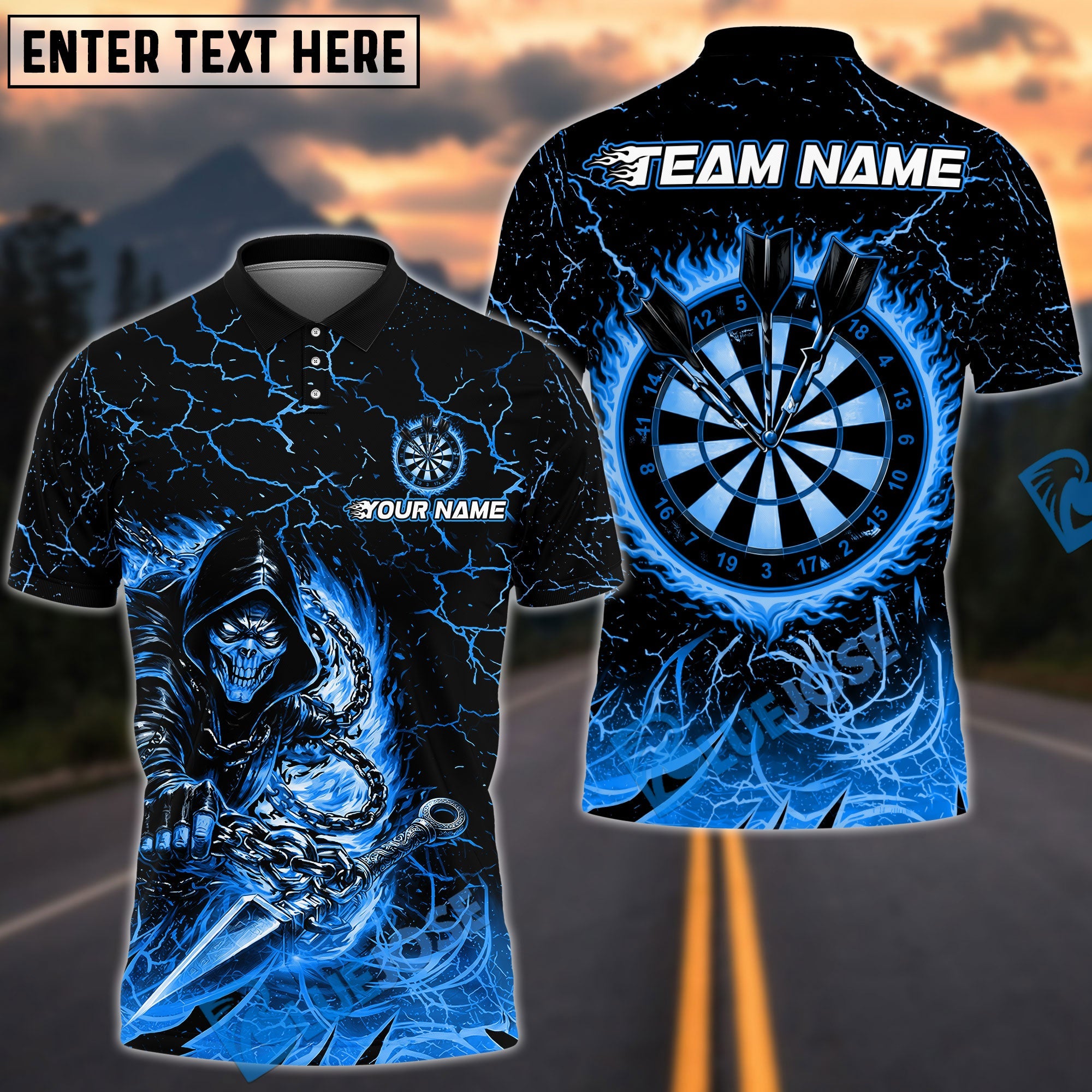 BlueJose Darts Flaming Assassin With Iron Darts Design Personalized Name, Team Name Unisex Shirt (4 Colors)