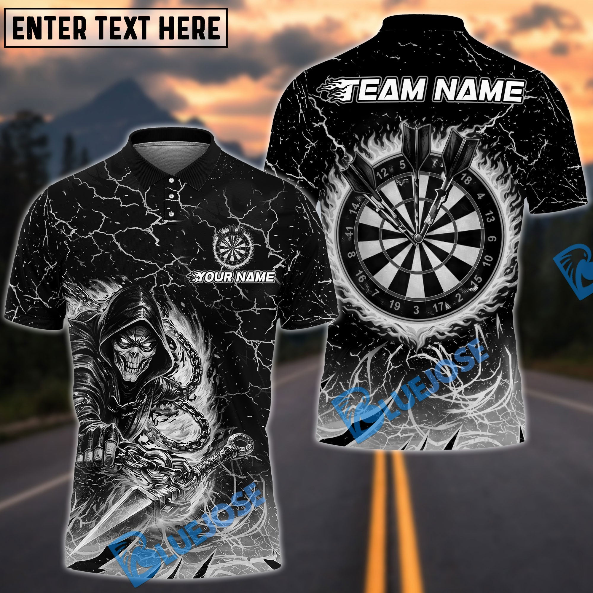 BlueJose Darts Flaming Assassin With Iron Darts Design Personalized Name, Team Name Unisex Shirt (4 Colors)