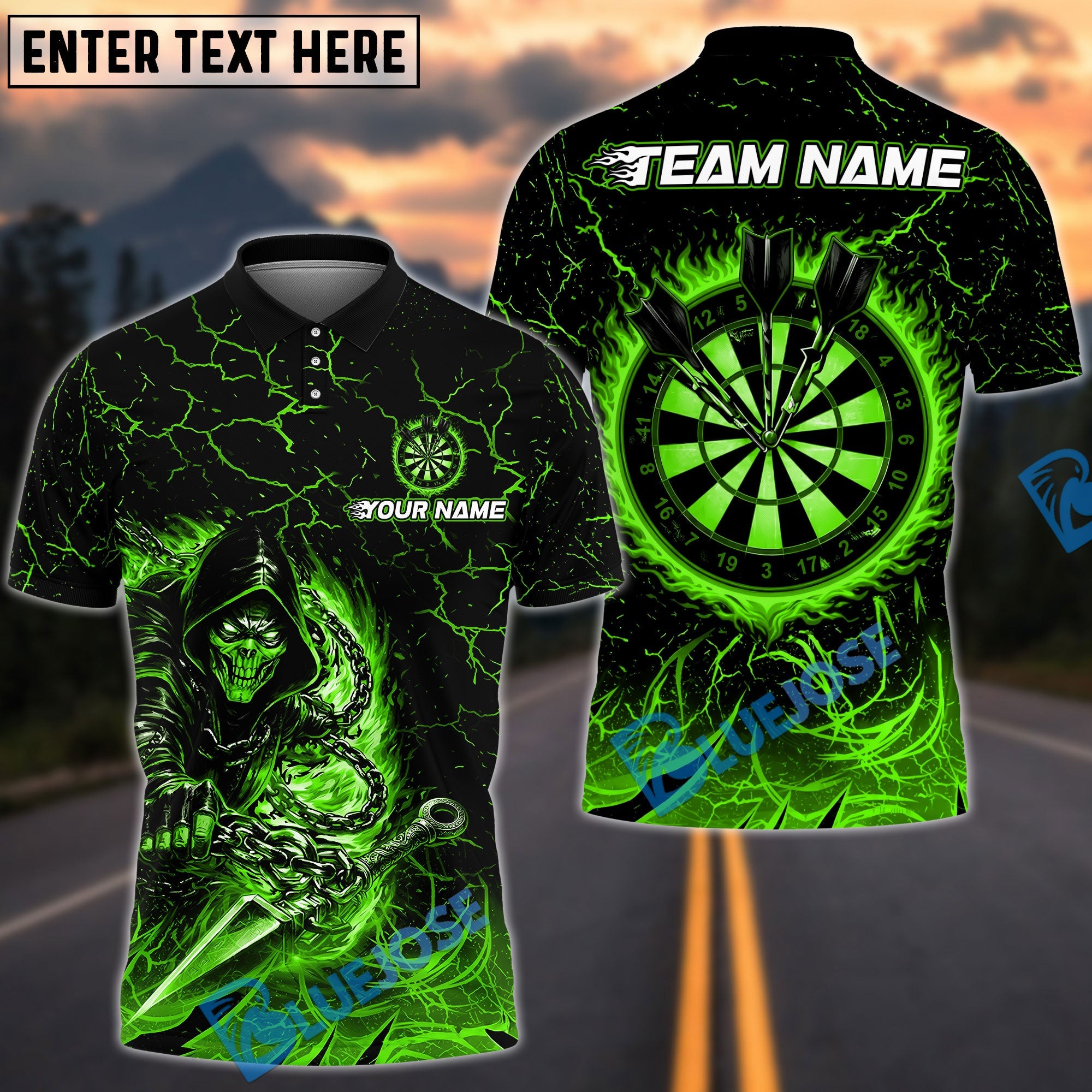 BlueJose Darts Flaming Assassin With Iron Darts Design Personalized Name, Team Name Unisex Shirt (4 Colors)