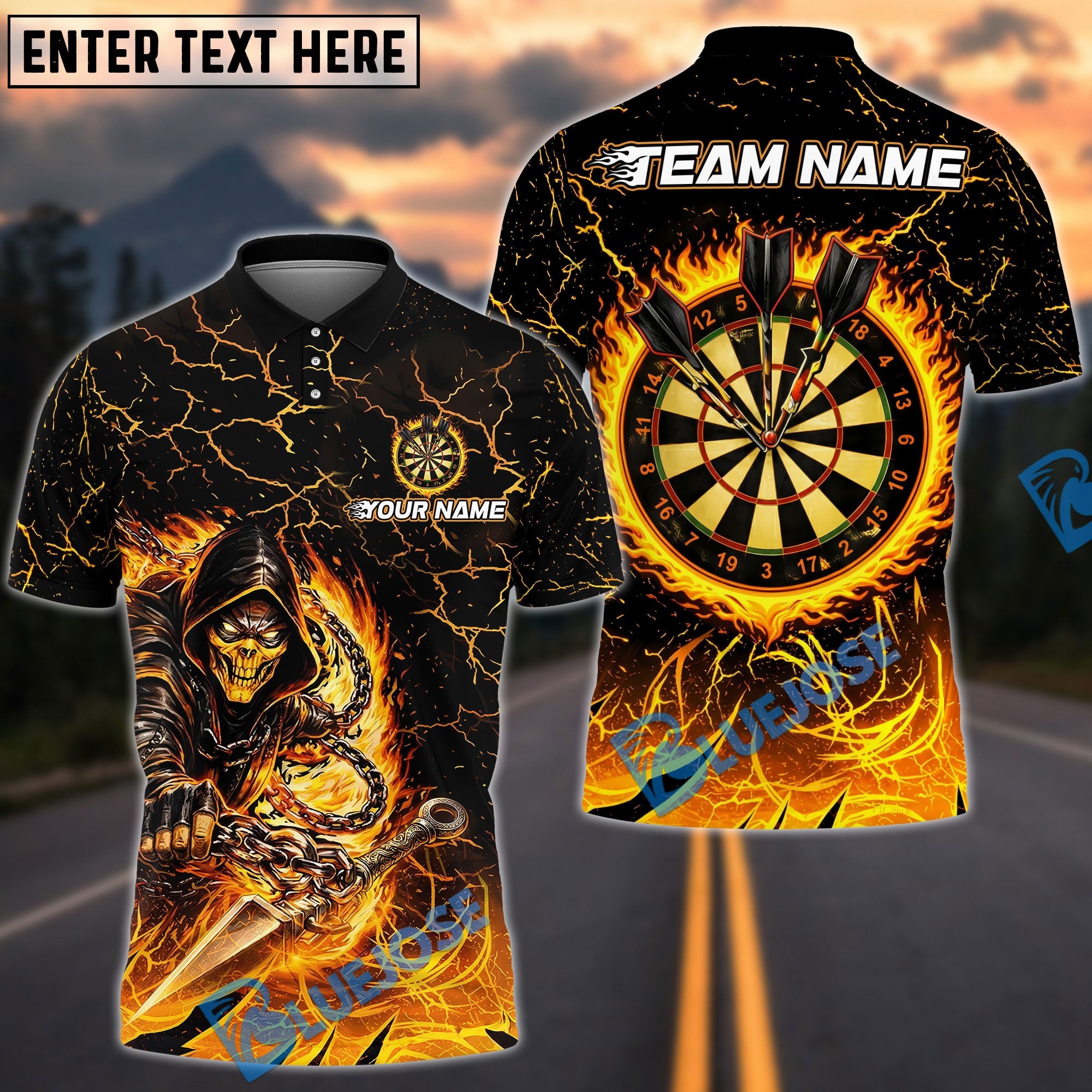 BlueJose Darts Flaming Assassin With Iron Darts Design Personalized Name, Team Name Unisex Shirt (4 Colors)