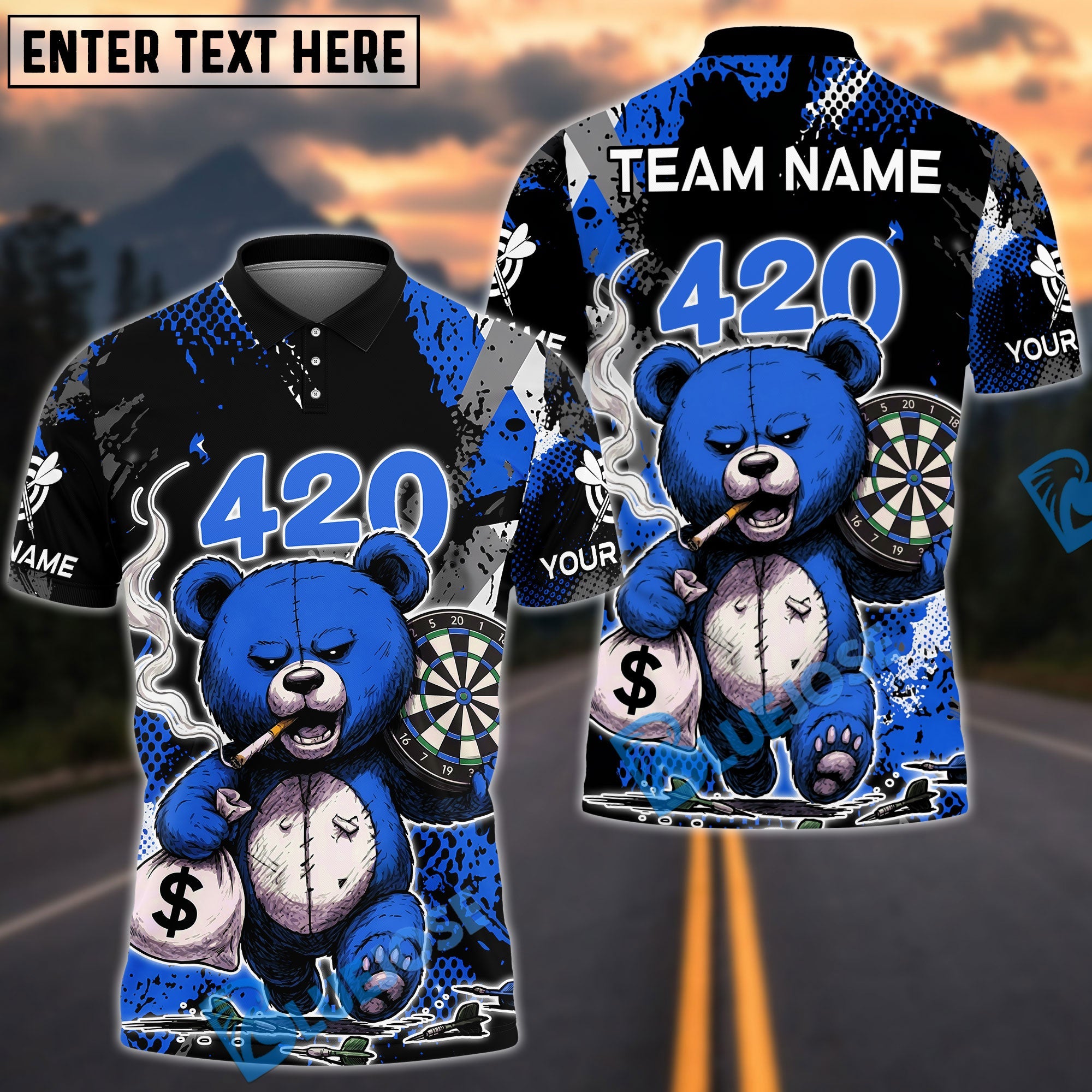 BlueJose Darts 420 Teddy Bear Carry Money With Dartsboard Design Personalized Name, Team Name Unisex Shirt (4 Colors)
