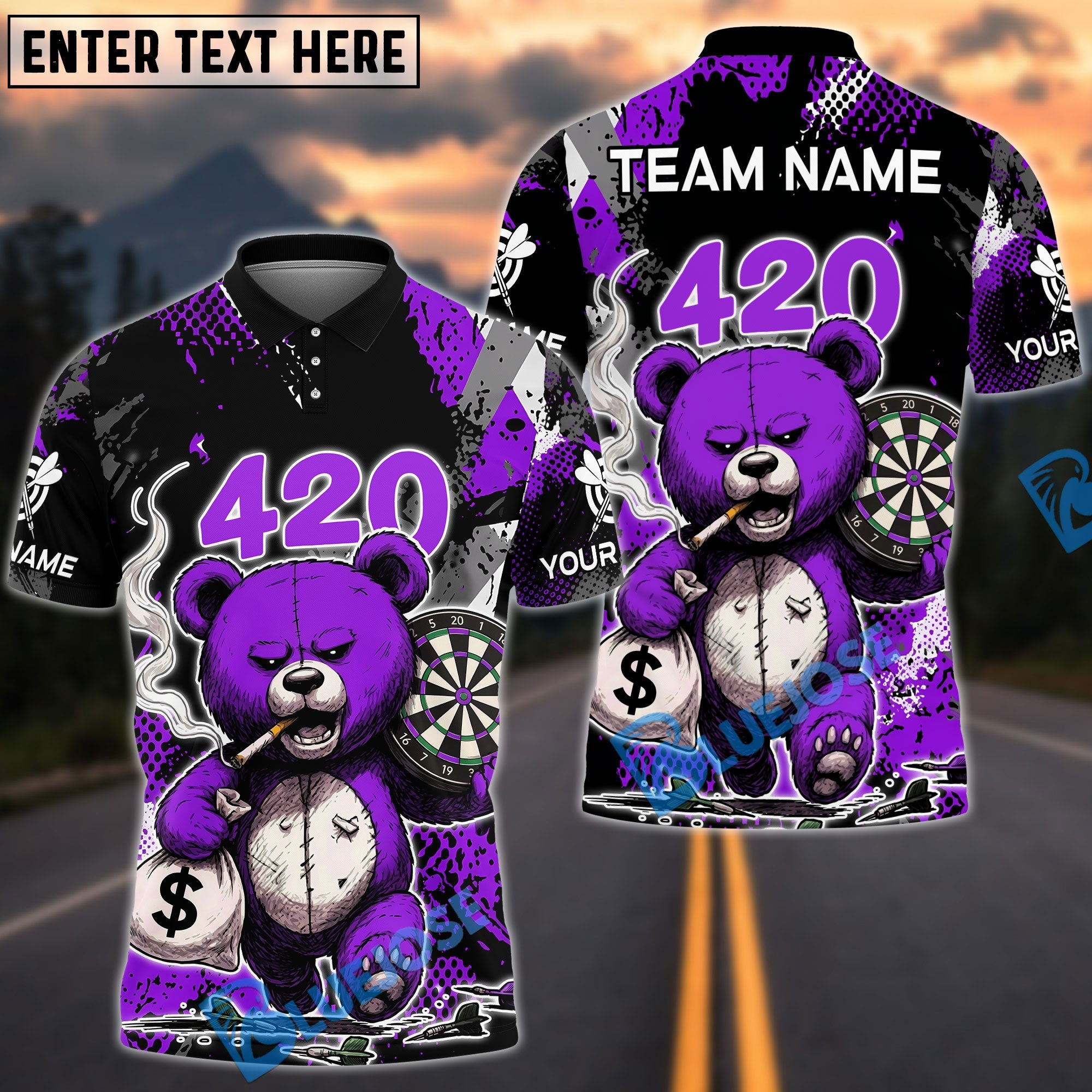 BlueJose Darts 420 Teddy Bear Carry Money With Dartsboard Design Personalized Name, Team Name Unisex Shirt (4 Colors)