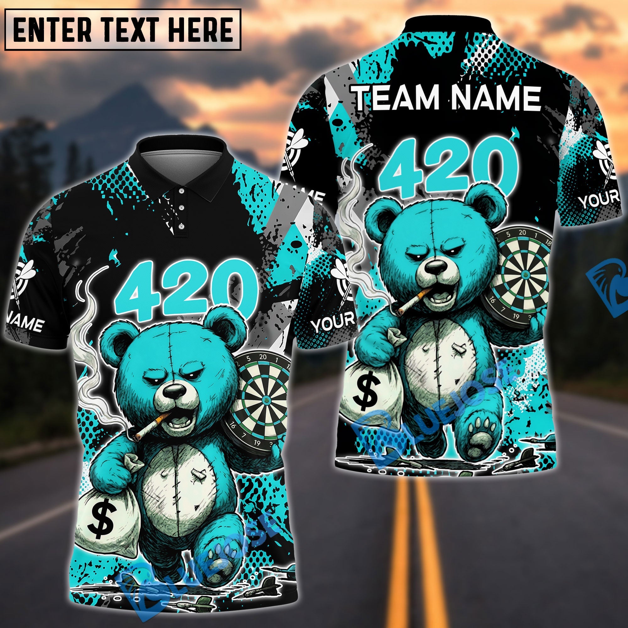 BlueJose Darts 420 Teddy Bear Carry Money With Dartsboard Design Personalized Name, Team Name Unisex Shirt (4 Colors)