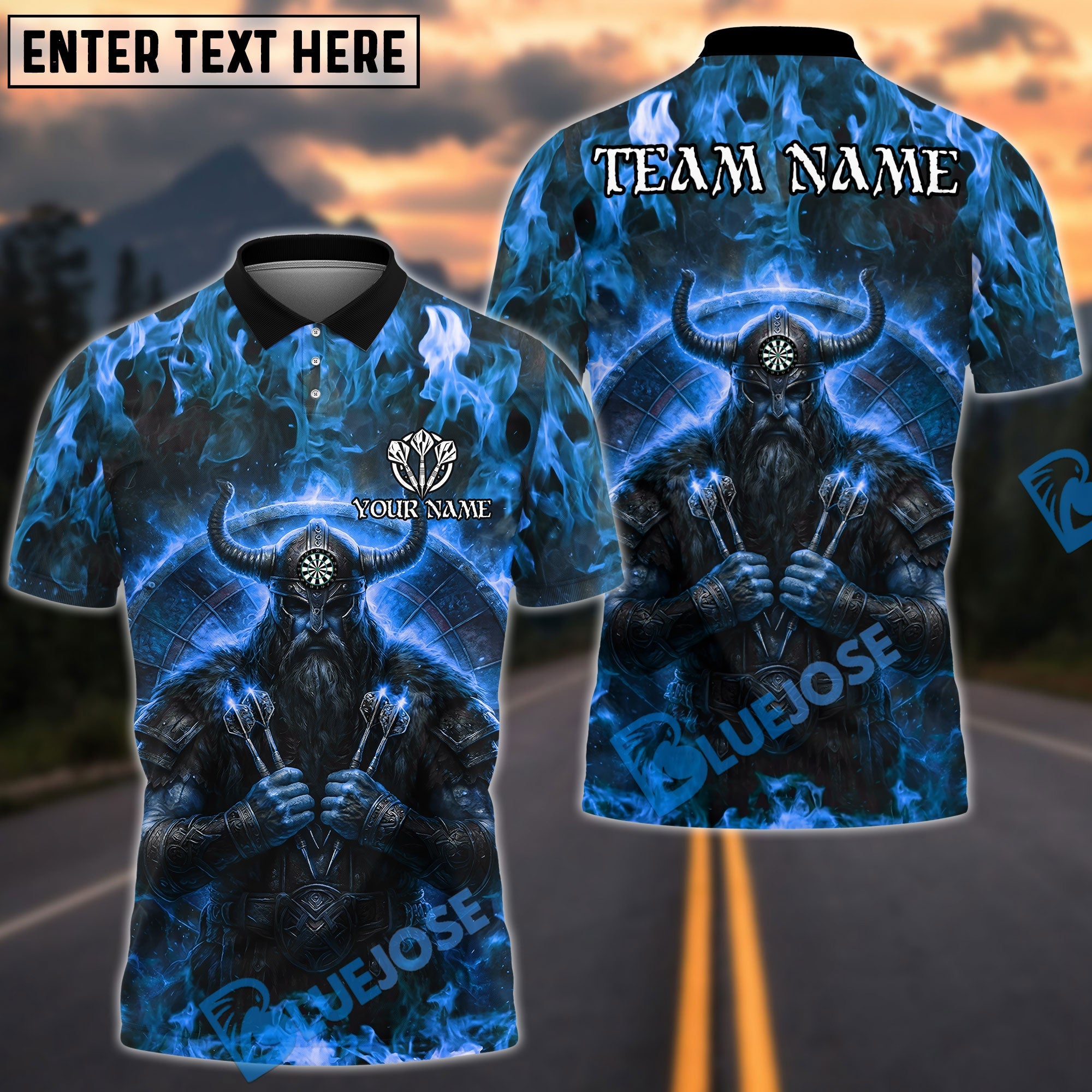 BlueJose Darts Viking Fire Warrior Darts Design Personalized Name, Team Name Unisex Shirt (4 Colors)