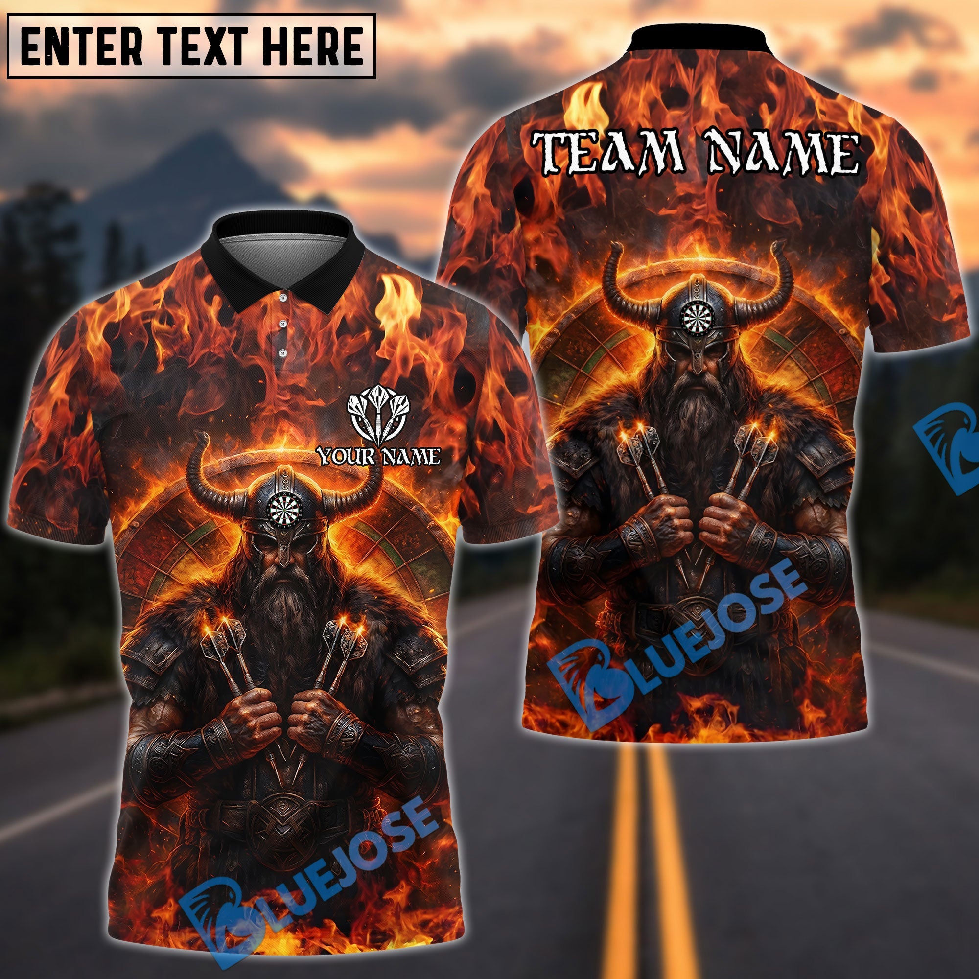 BlueJose Darts Viking Fire Warrior Darts Design Personalized Name, Team Name Unisex Shirt (4 Colors)