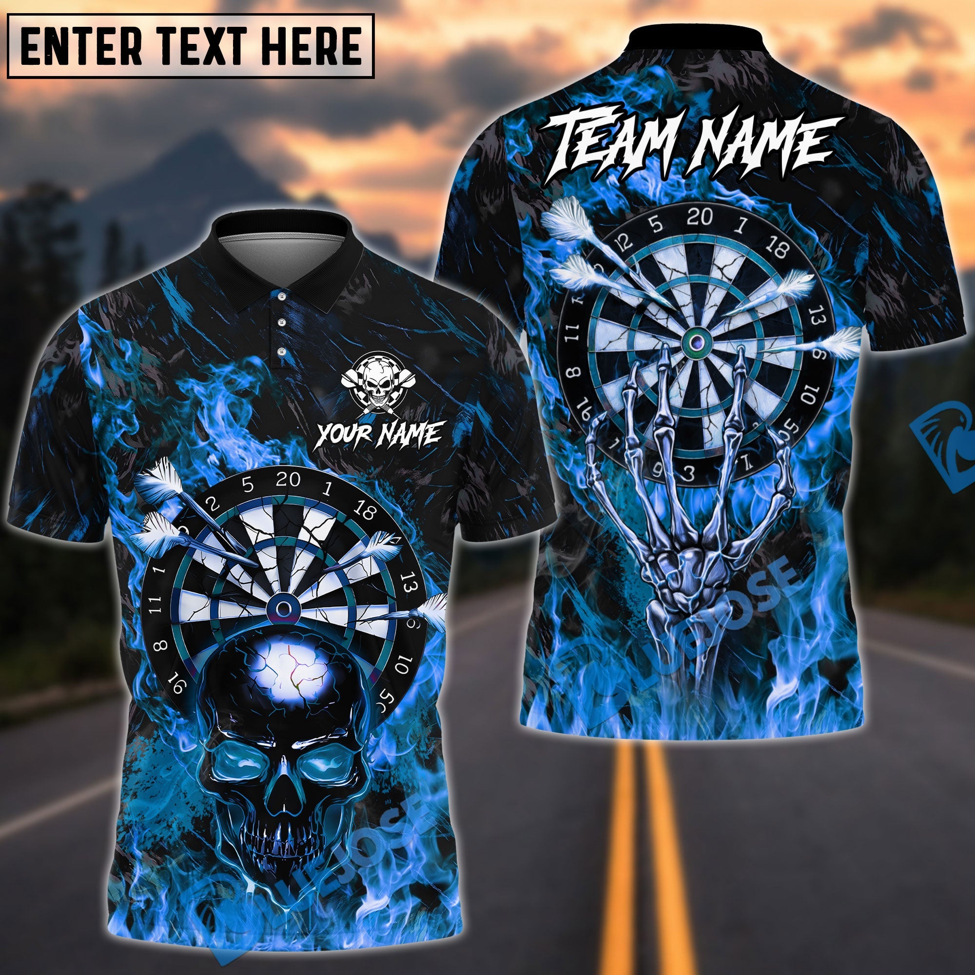 BlueJose Darts Flame Skull Hand Claw Dartboards Design Personalized Name, Team Name Unisex Shirt (4 Colors)