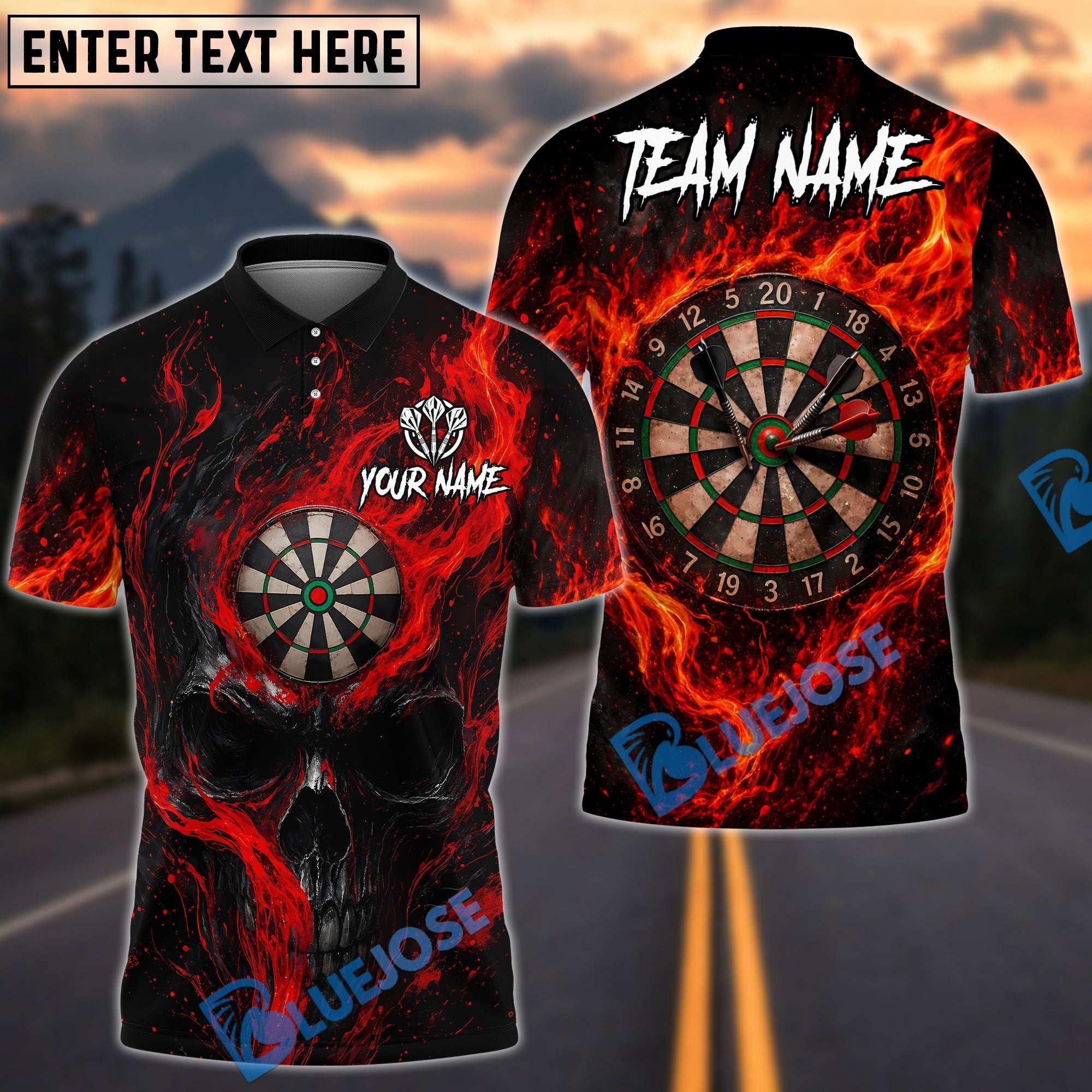 BlueJose Darts Skull Flame Curved Smoke Dartboard Design Personalized Name, Team Name Unisex Shirt (4 Colors)