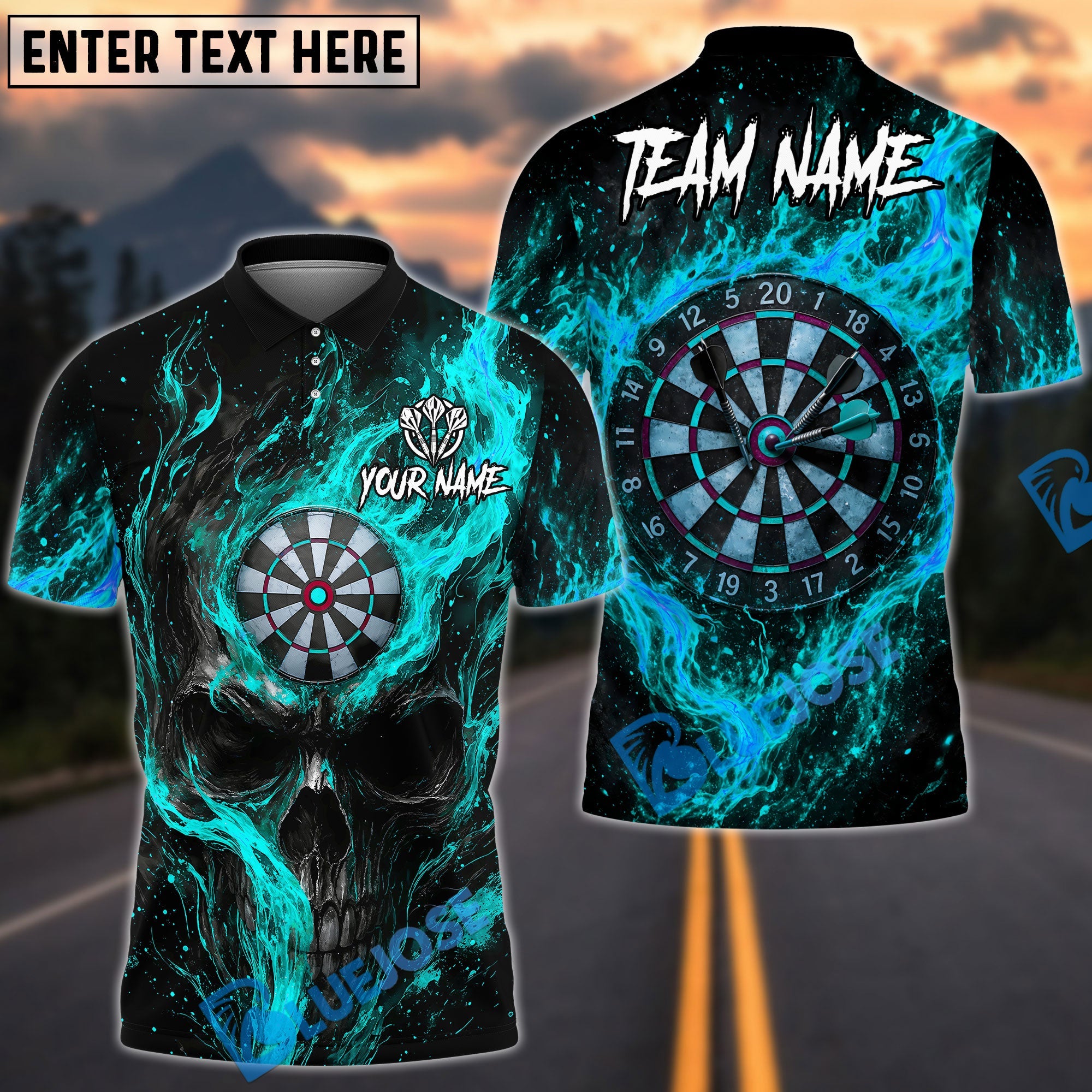 BlueJose Darts Skull Flame Curved Smoke Dartboard Design Personalized Name, Team Name Unisex Shirt (4 Colors)