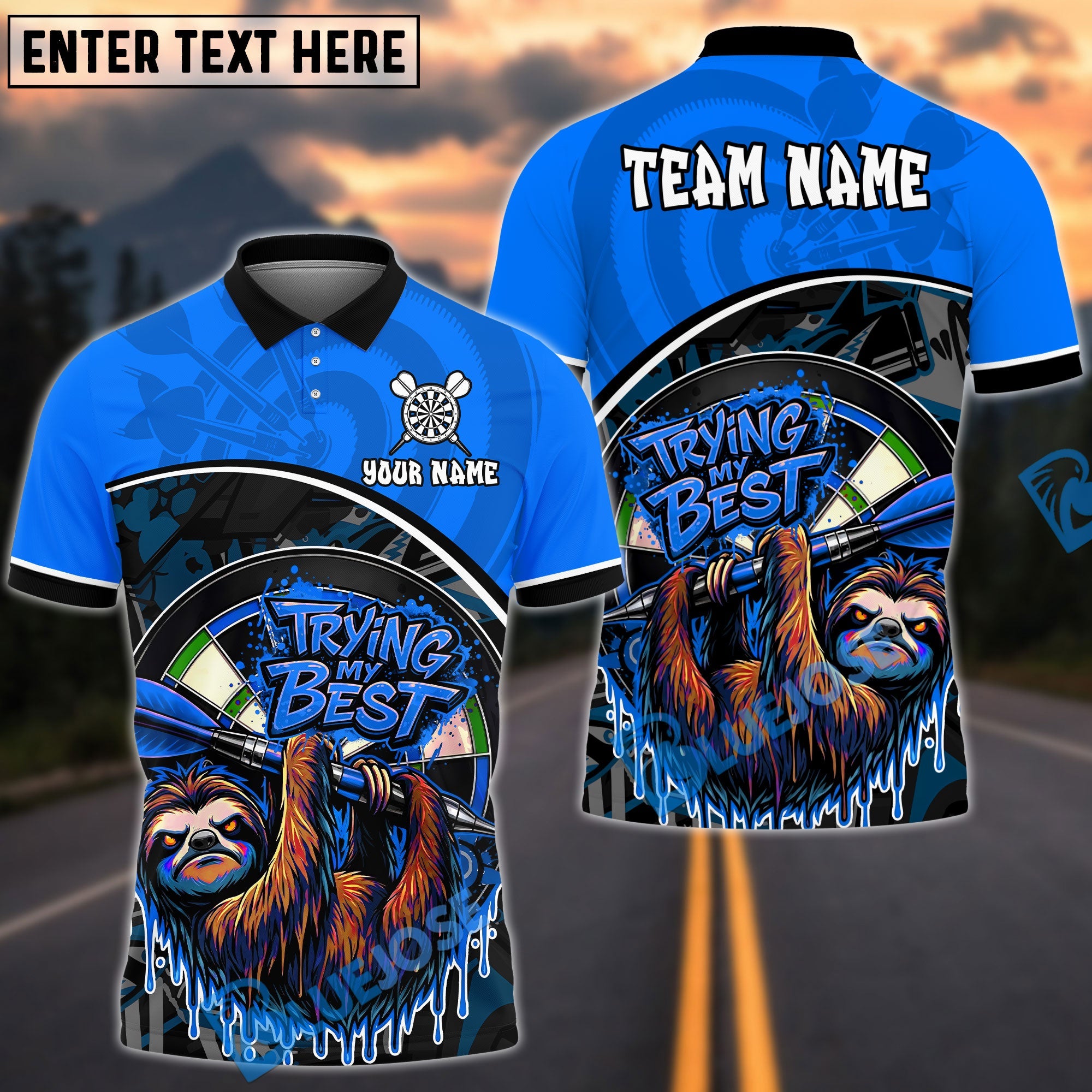 BlueJose Darts Angry Sloth Trying My Best Dartboard Design Personalized Name, Team Name Unisex Shirt (4 Colors)