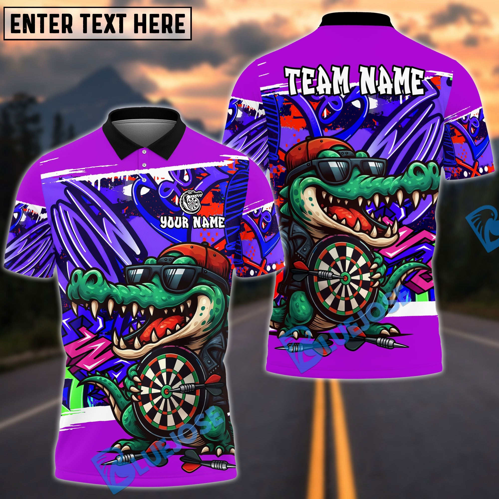 BlueJose Darts Street Graffiti Crocodile Dartboard Design Personalized Name, Team Name Unisex Shirt (4 Colors)