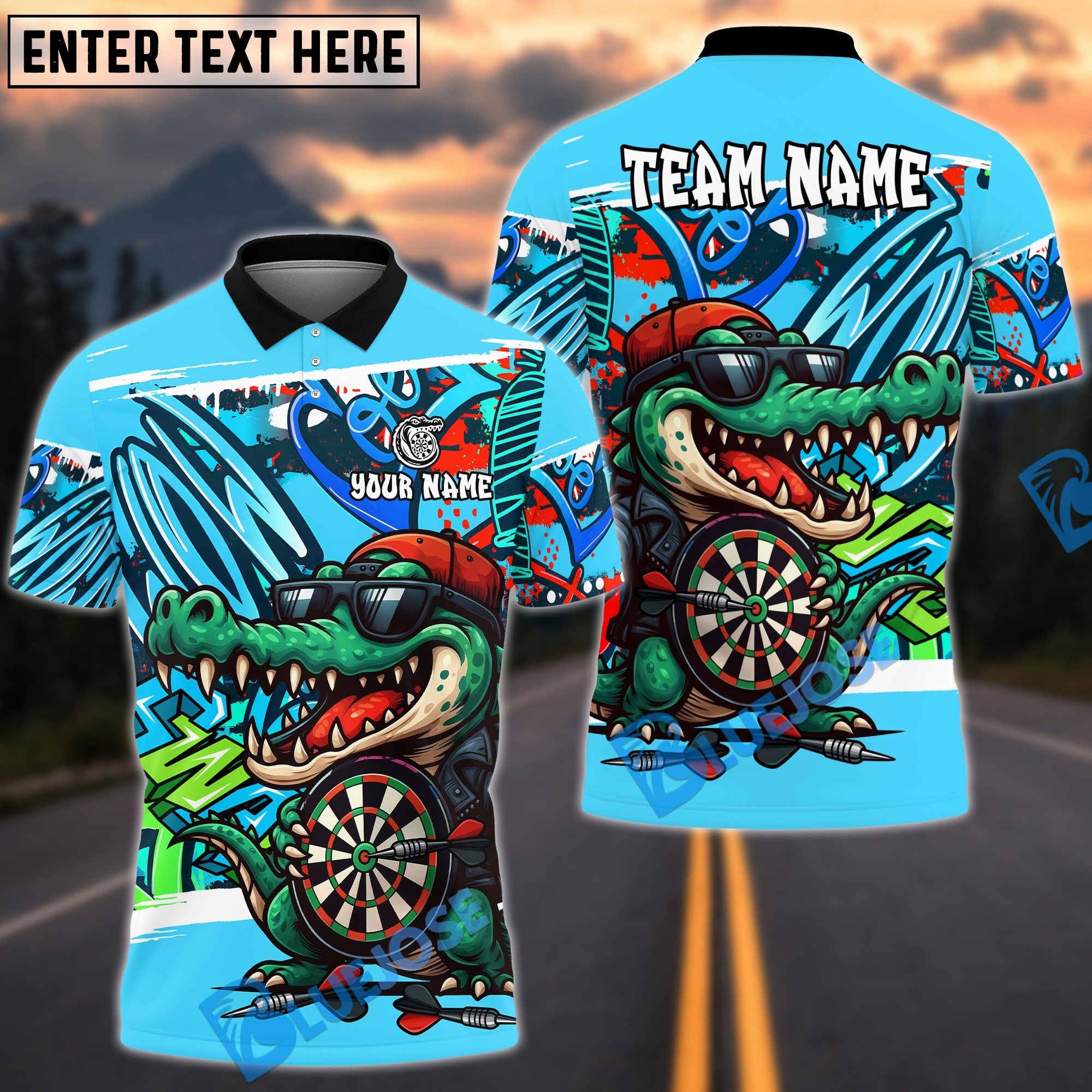 BlueJose Darts Street Graffiti Crocodile Dartboard Design Personalized Name, Team Name Unisex Shirt (4 Colors)