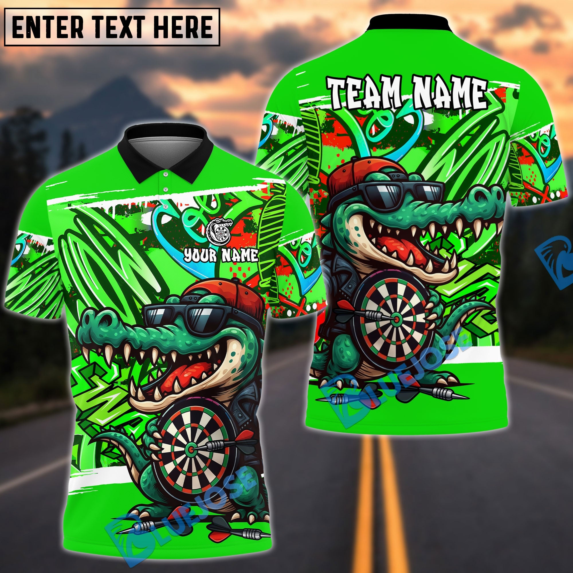 BlueJose Darts Street Graffiti Crocodile Dartboard Design Personalized Name, Team Name Unisex Shirt (4 Colors)