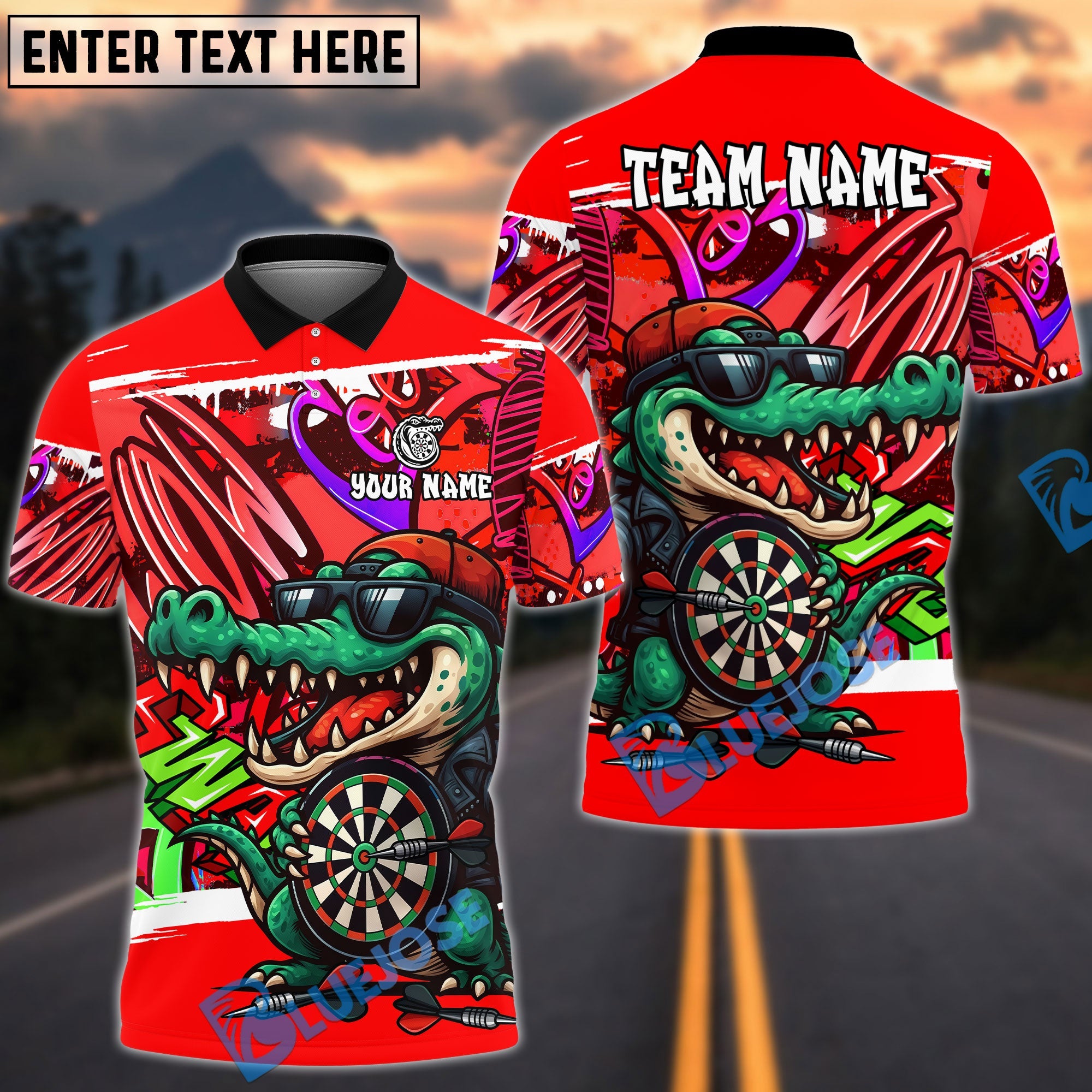 BlueJose Darts Street Graffiti Crocodile Dartboard Design Personalized Name, Team Name Unisex Shirt (4 Colors)