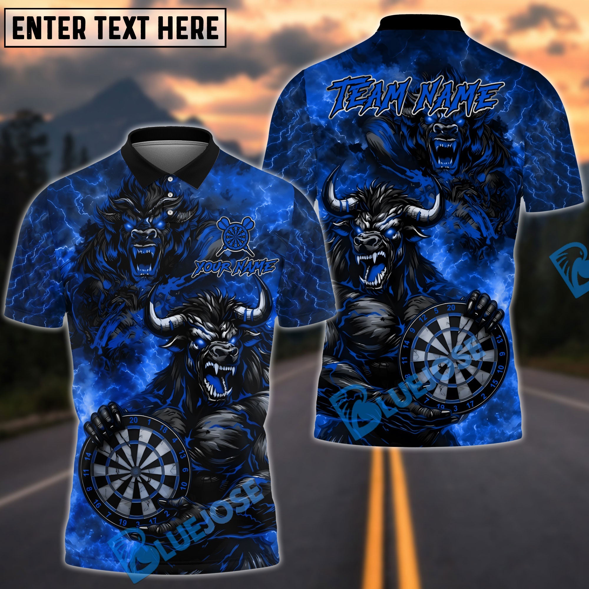 BlueJose Darts Angry Muscle Bull Dartboard Design Personalized Name, Team Name Unisex Shirt (4 Colors)